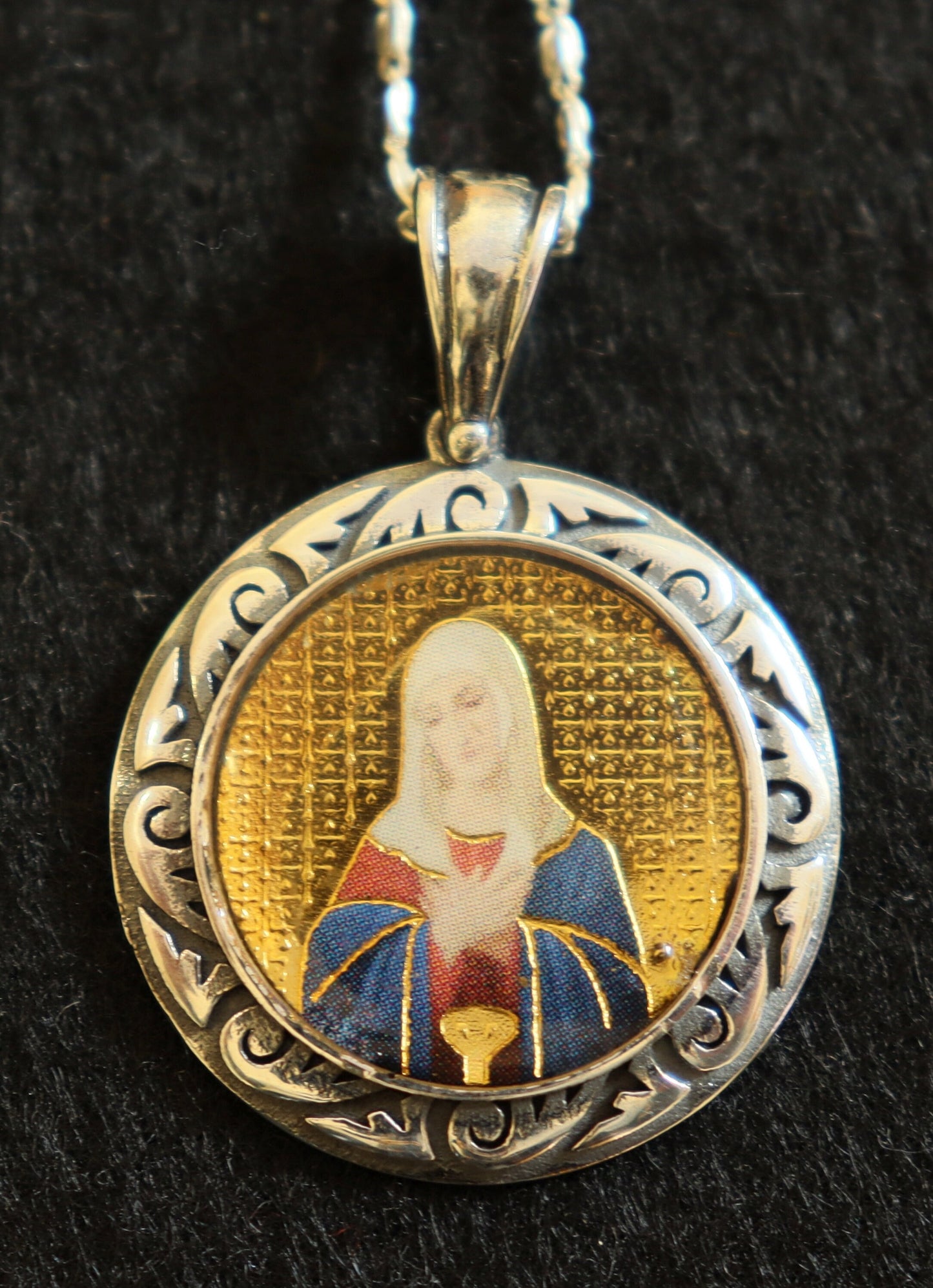 Virgin Mary All Sterling Medal Fine Enameled Serigraphy w Hand Painting