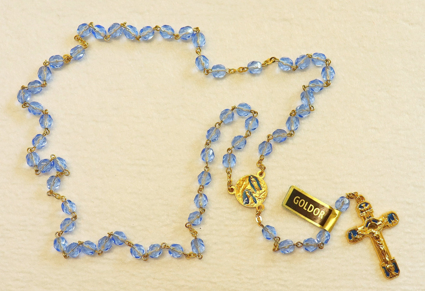 Catholic Vintage Rosary New Old Stock Blue Crystal Gold Plate Enamel Exquisite Series No40