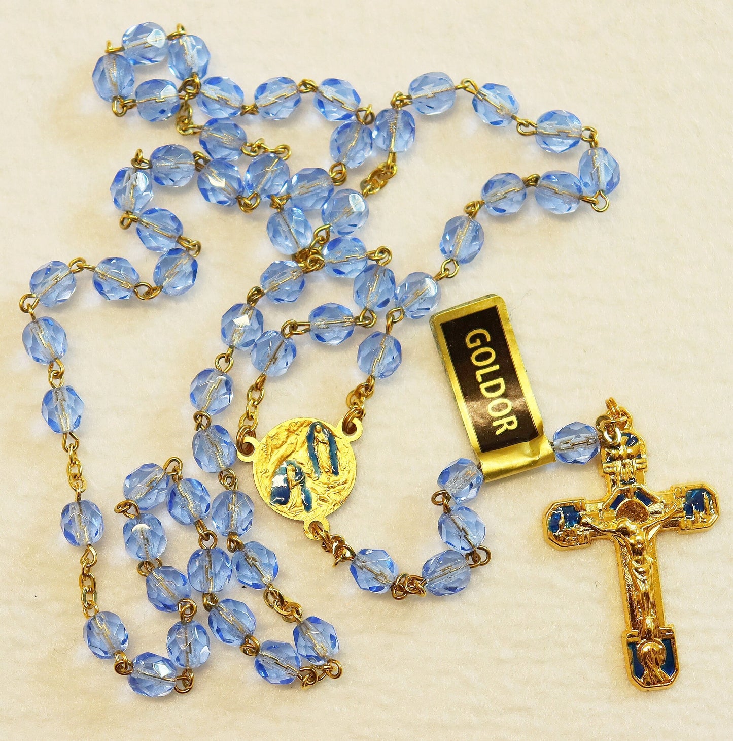 Catholic Vintage Rosary New Old Stock Blue Crystal Gold Plate Enamel Exquisite Series No40