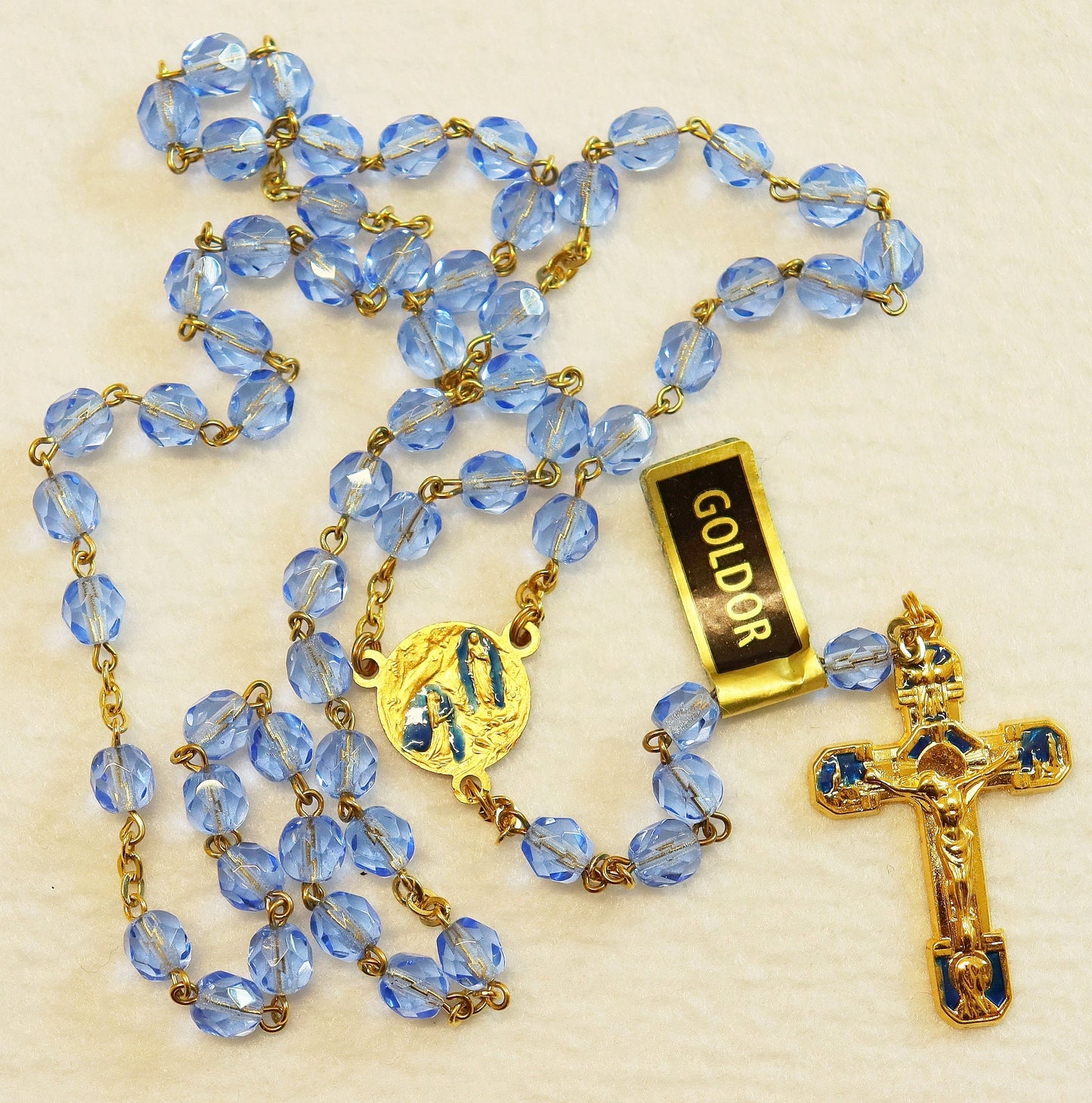 Catholic Vintage Rosary New Old Stock Blue Crystal Gold Plate Enamel Exquisite Series No40