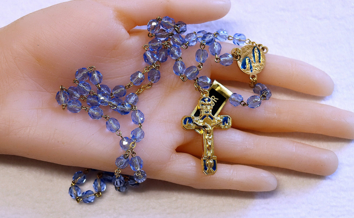 Catholic Vintage Rosary New Old Stock Blue Crystal Gold Plate Enamel Exquisite Series No40
