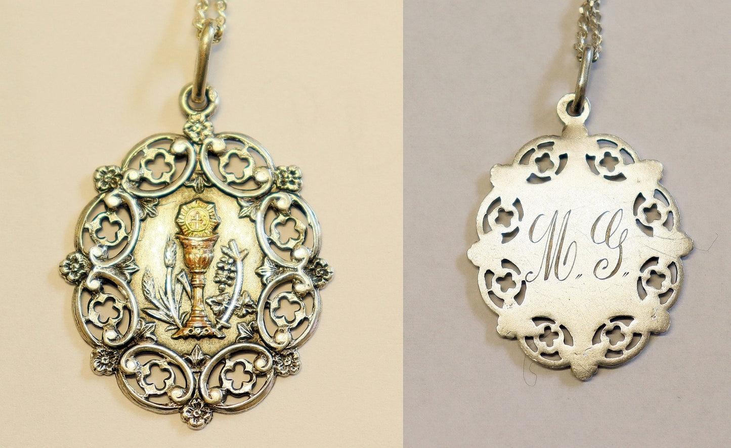Rare Art Nouveau Sterling Silver and Gold Chalice First Communion Medal and Chain ca. 1900