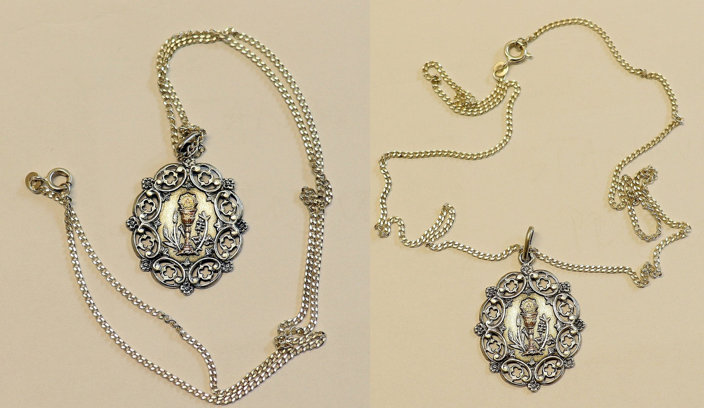 Rare Art Nouveau Sterling Silver and Gold Chalice First Communion Medal and Chain ca. 1900