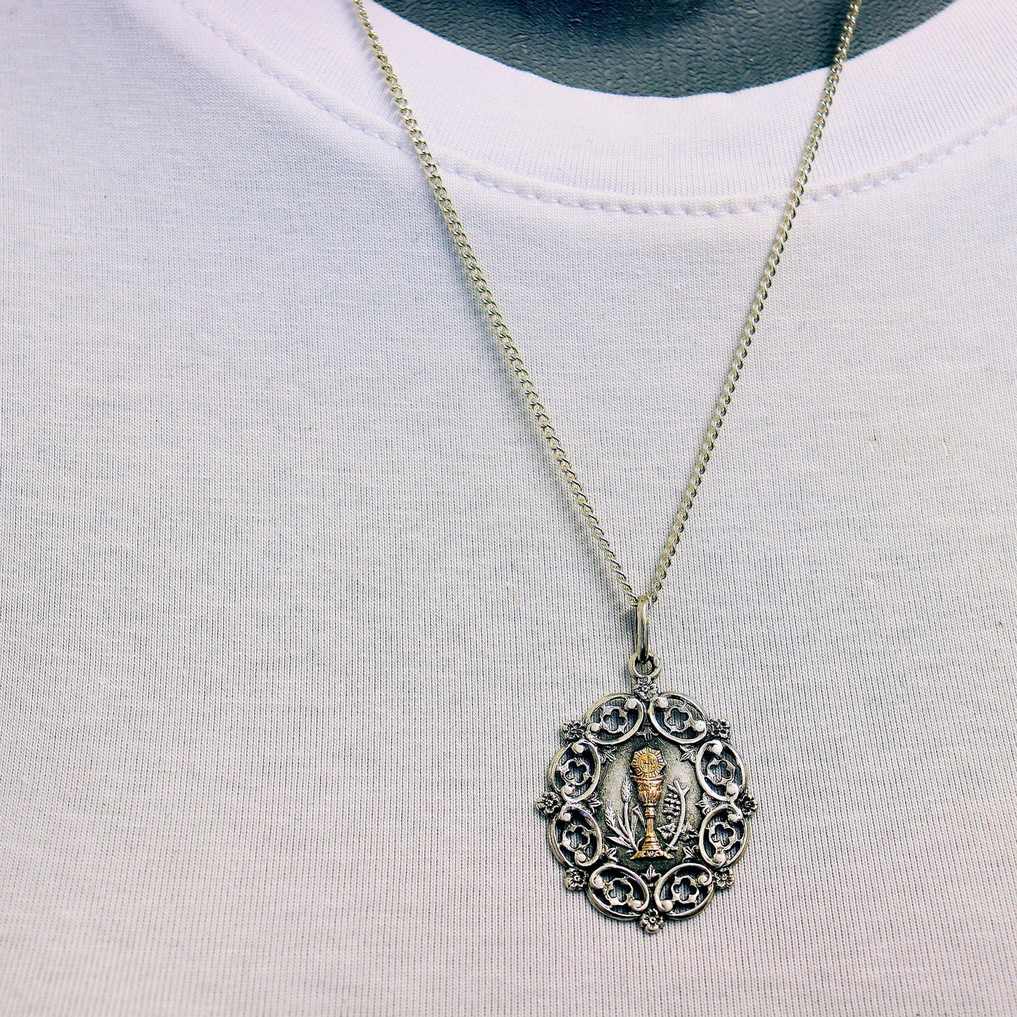 Rare Art Nouveau Sterling Silver and Gold Chalice First Communion Medal and Chain ca. 1900