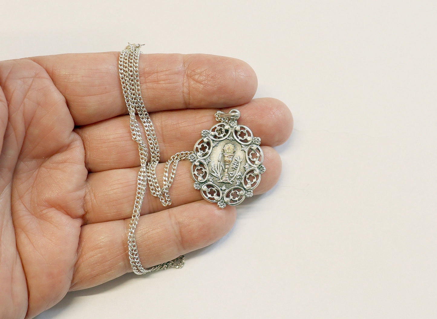 Rare Art Nouveau Sterling Silver and Gold Chalice First Communion Medal and Chain ca. 1900