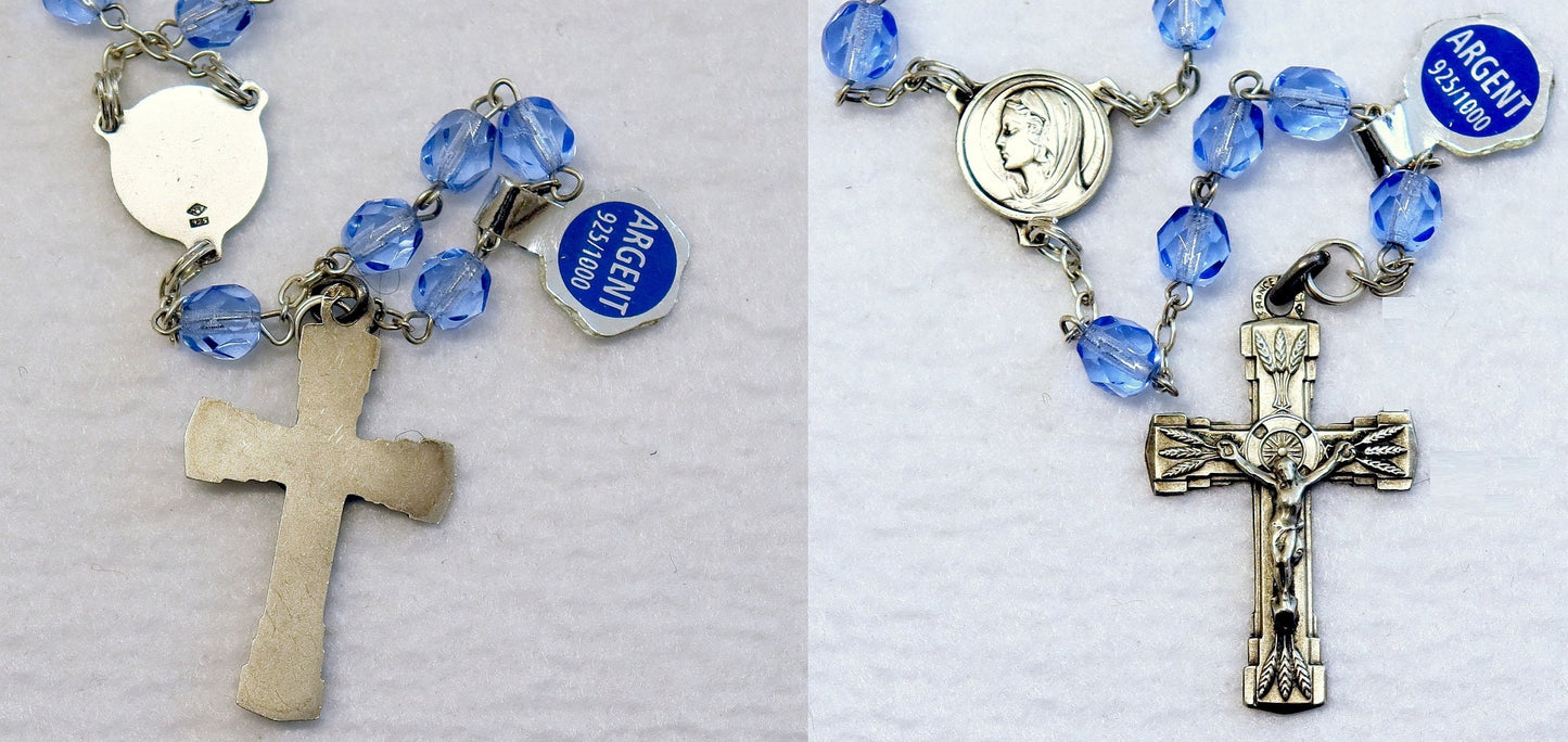 Catholic Vintage Rosary New Old Stock Blue Crystal Sterling Silver Exquisite Series No41