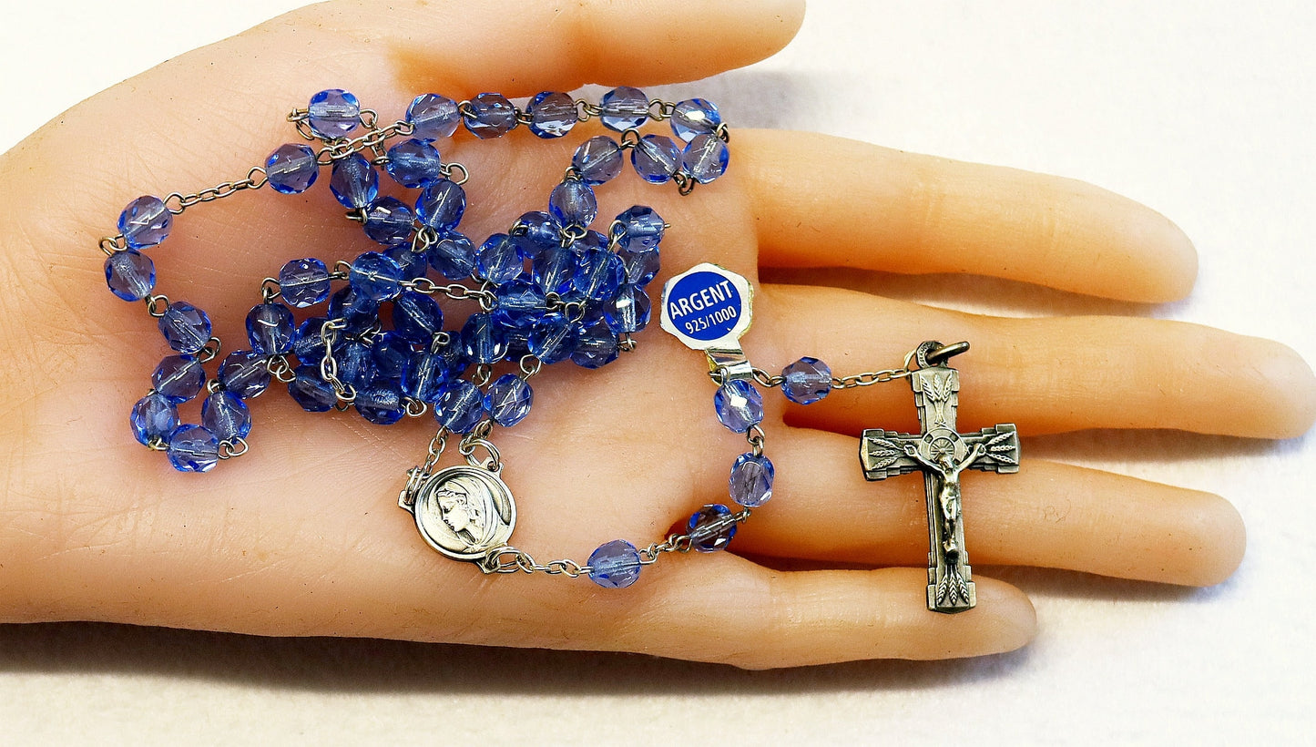 Catholic Vintage Rosary New Old Stock Blue Crystal Sterling Silver Exquisite Series No41