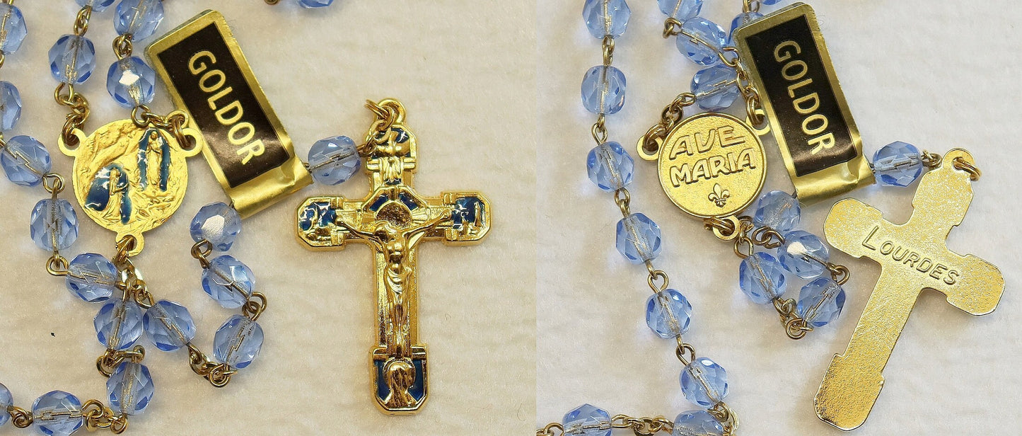 Catholic Vintage Rosary New Old Stock Blue Crystal Gold Plate Enamel Exquisite Series No40