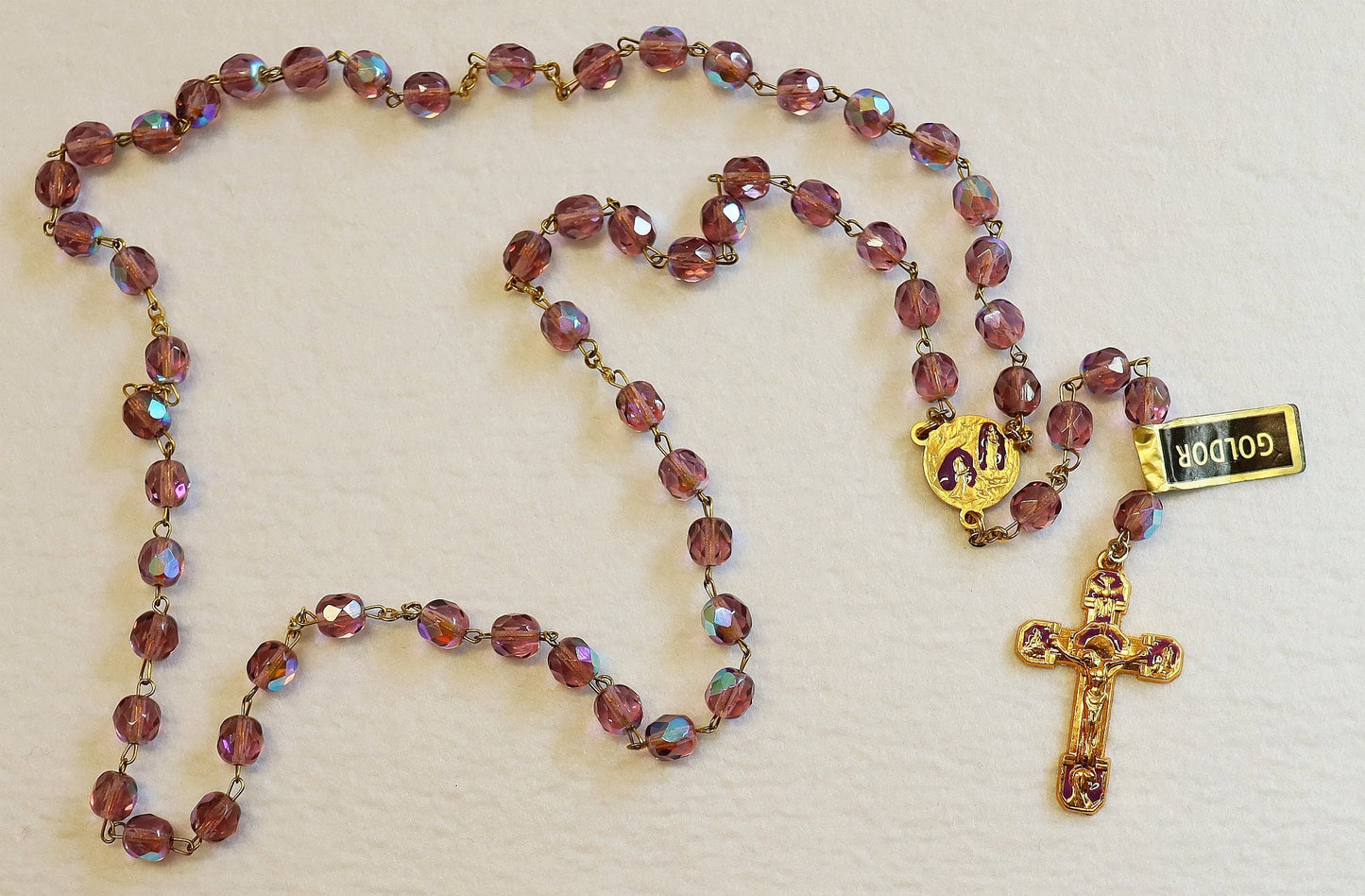 Catholic Vintage Rosary New Old Stock Lilac Crystal Gold Plate Enamel Exquisite Series No46
