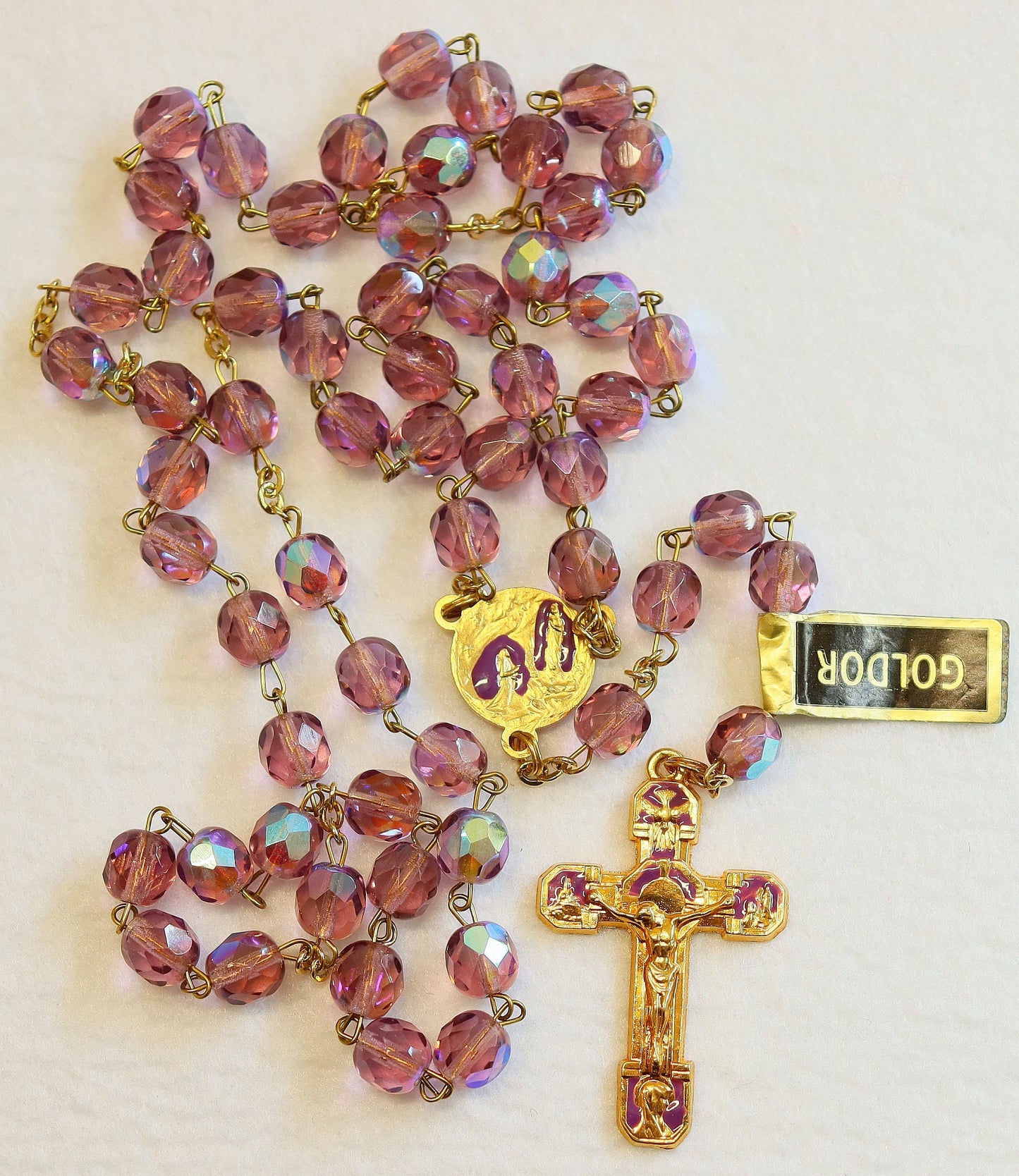 Catholic Vintage Rosary New Old Stock Lilac Crystal Gold Plate Enamel Exquisite Series No46