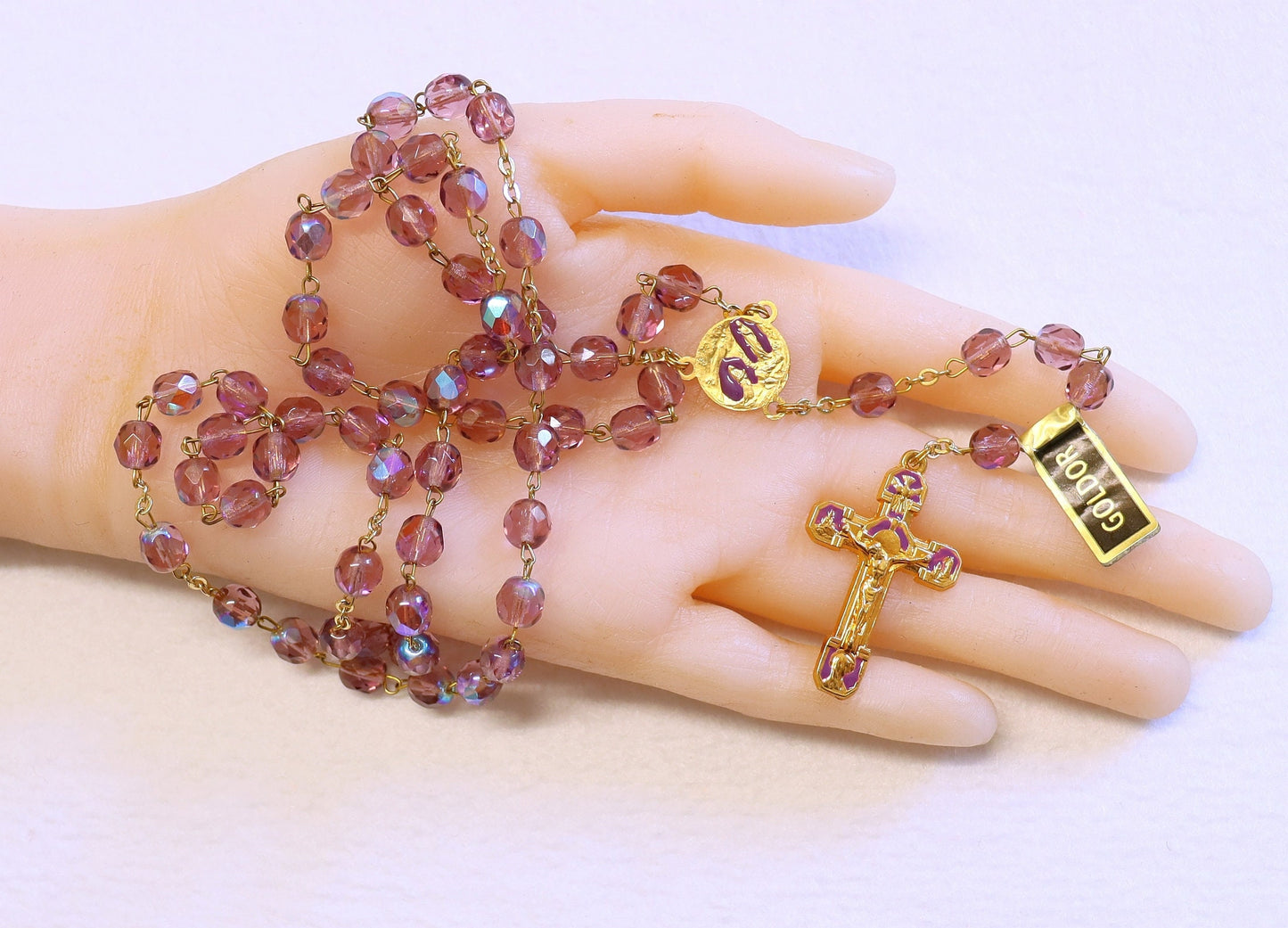 Catholic Vintage Rosary New Old Stock Lilac Crystal Gold Plate Enamel Exquisite Series No46