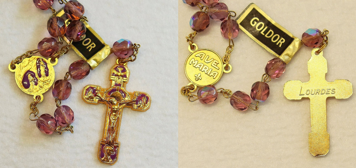 Catholic Vintage Rosary New Old Stock Lilac Crystal Gold Plate Enamel Exquisite Series No46
