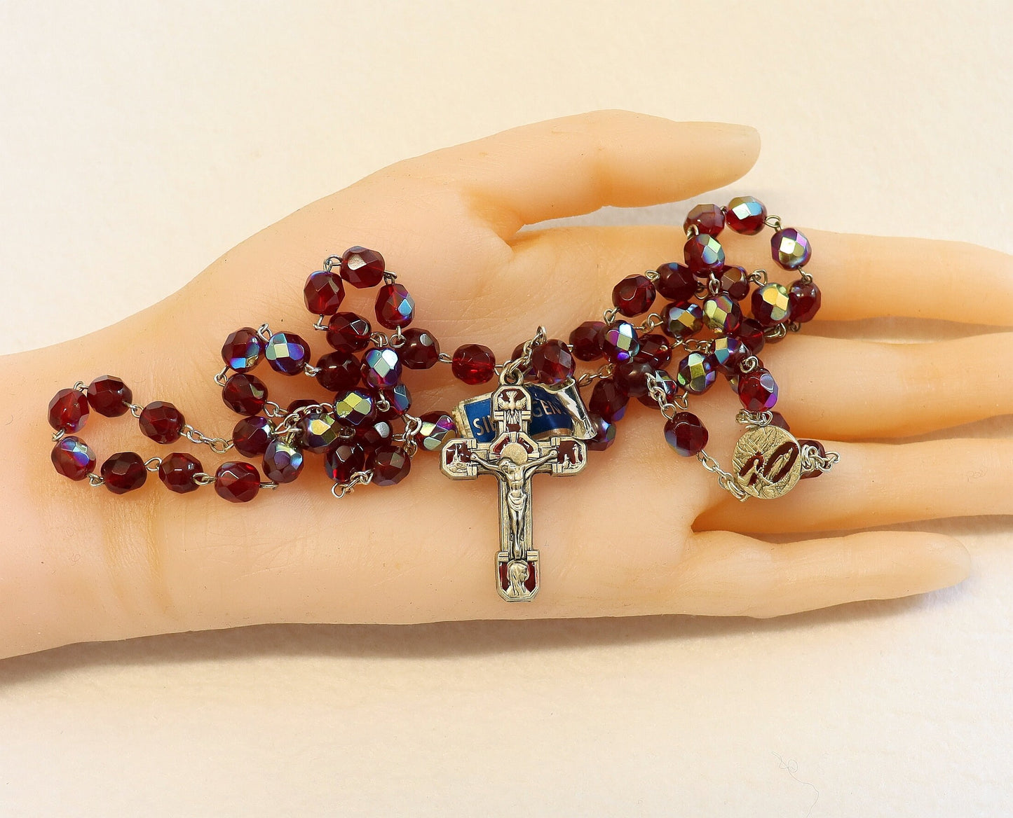 Catholic Vintage Rosary New Old Stock Ruby Red Crystal Silver Plate Enamel Exquisite Series No44