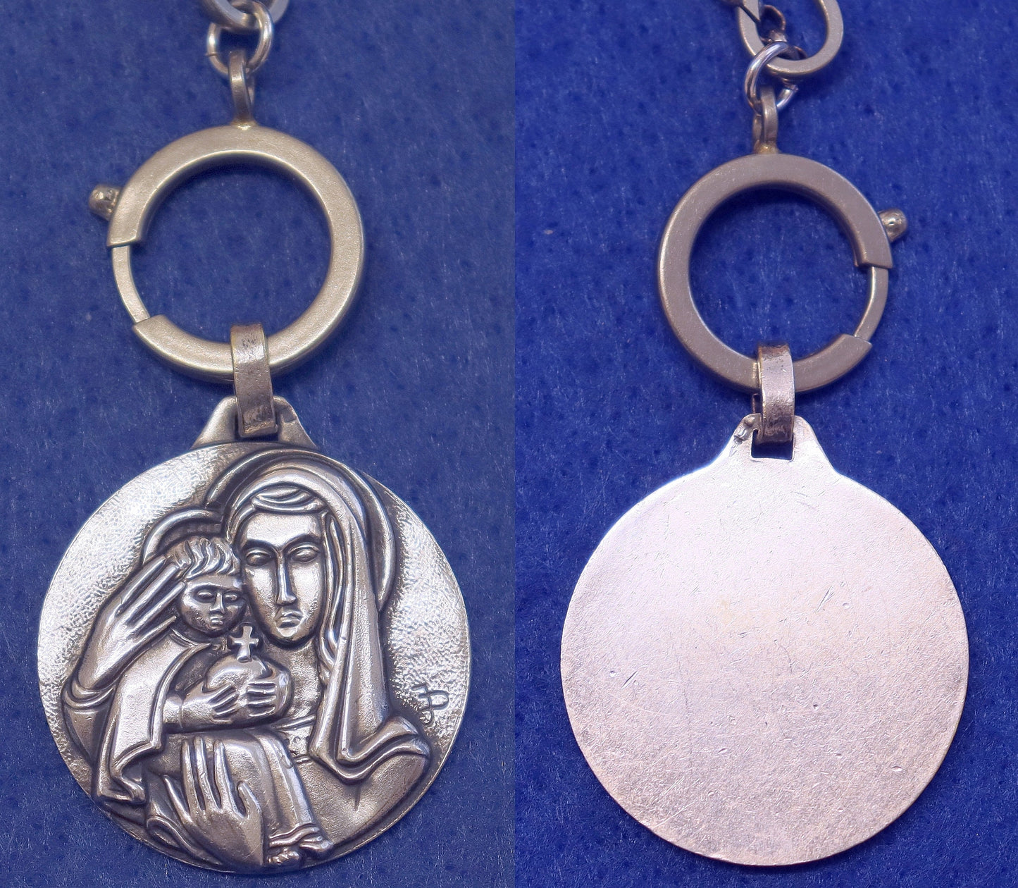 Large, Exceptional 3D High Relief Mary & Jesus Sterling Medal + Chain and Clasps XXR