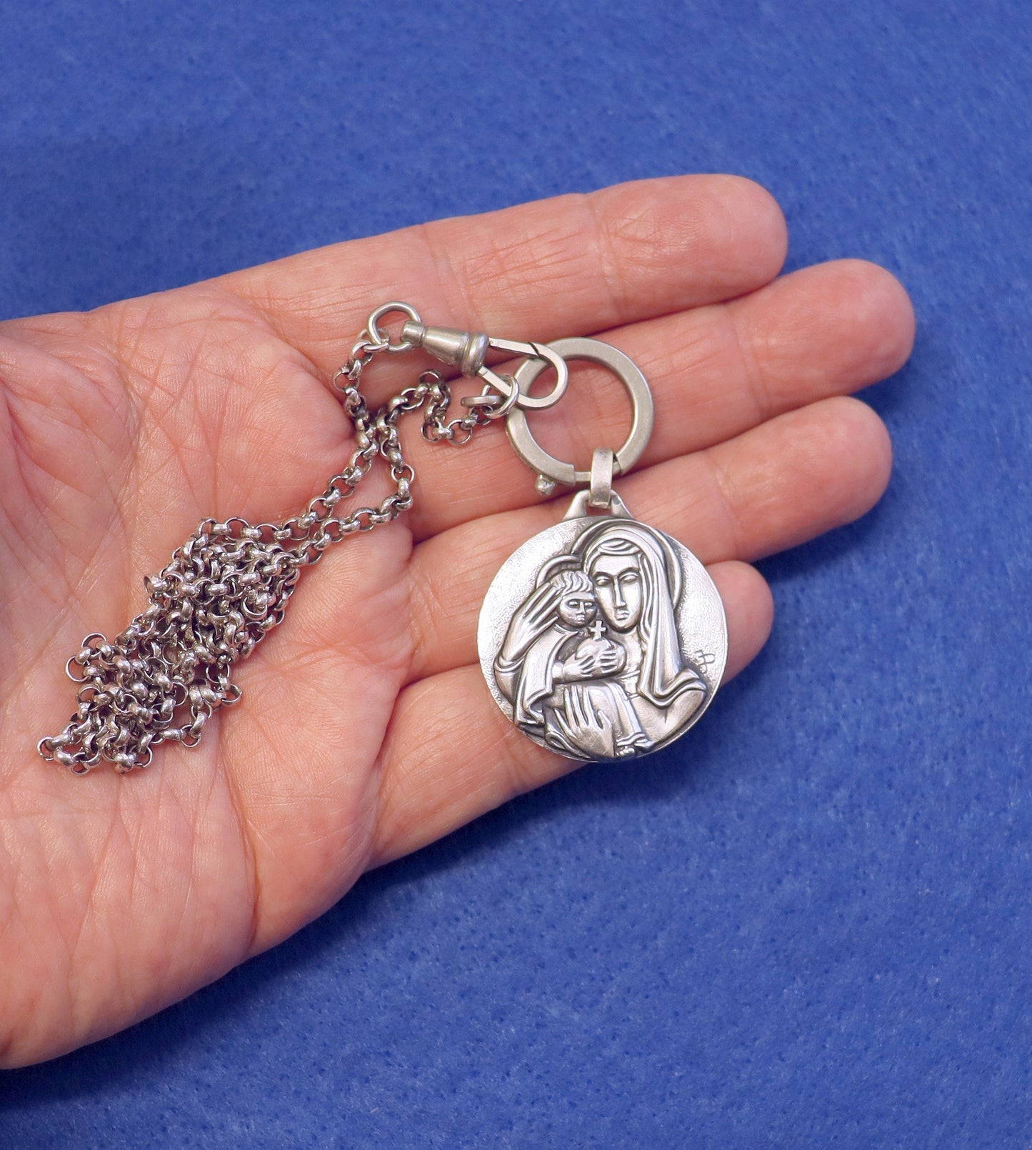Large, Exceptional 3D High Relief Mary & Jesus Sterling Medal + Chain and Clasps XXR