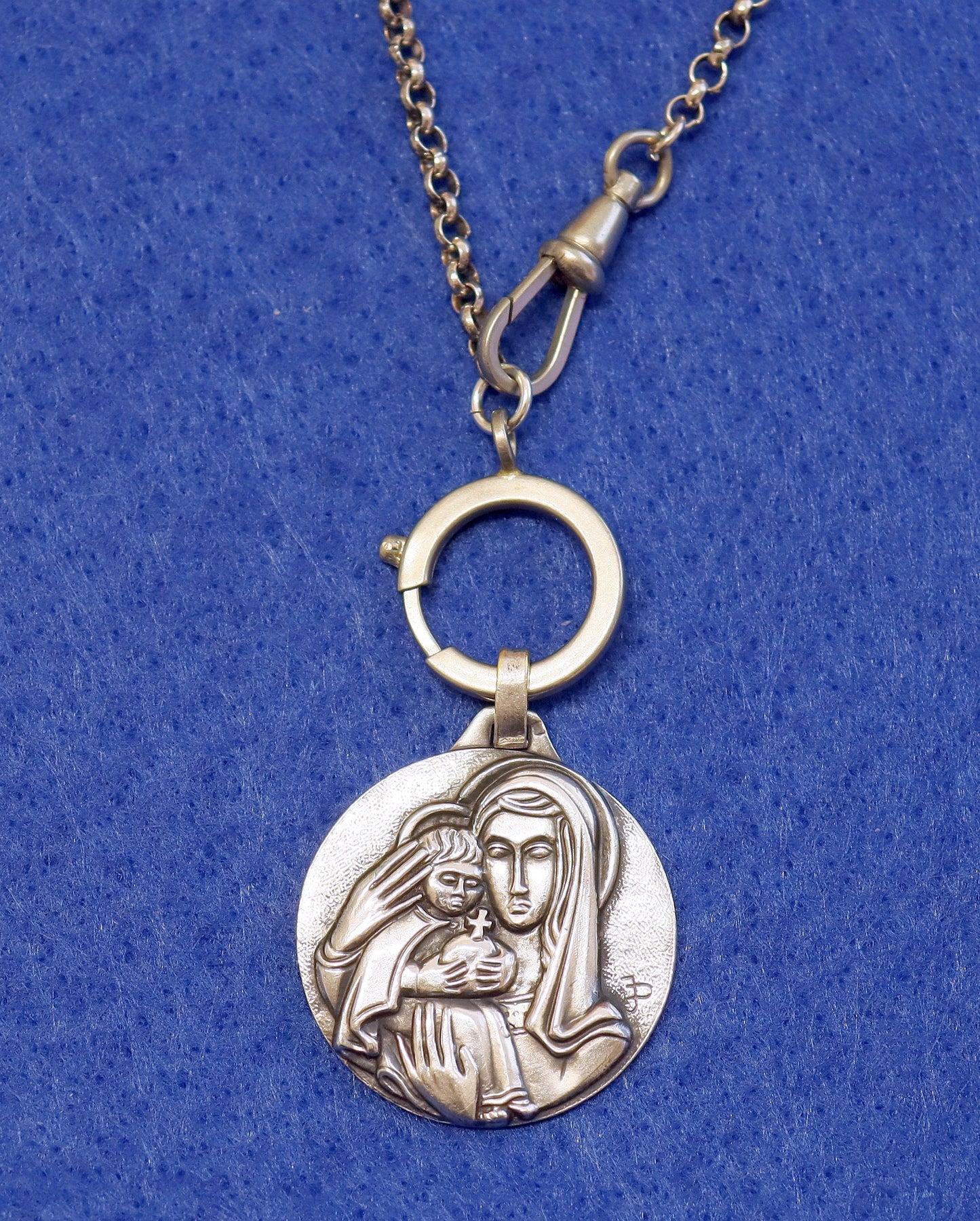 Large, Exceptional 3D High Relief Mary & Jesus Sterling Medal + Chain and Clasps XXR
