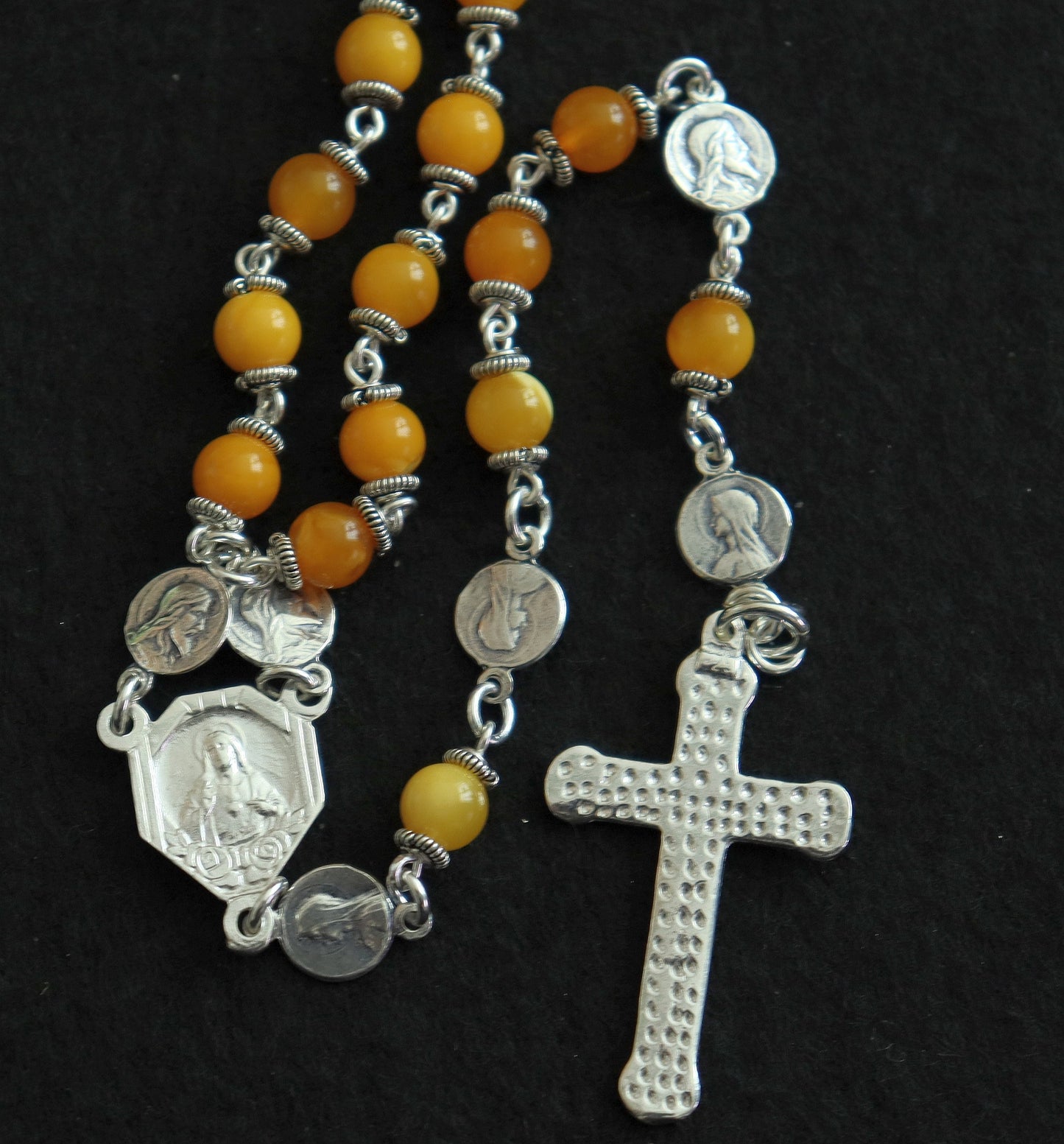 Butterscotch Amber and Sterling Fatima Rosary, 1960s Vintage Catholic Prayer Beads, Sacred Heart Necklace, Religious Heirloom, Antique Gift