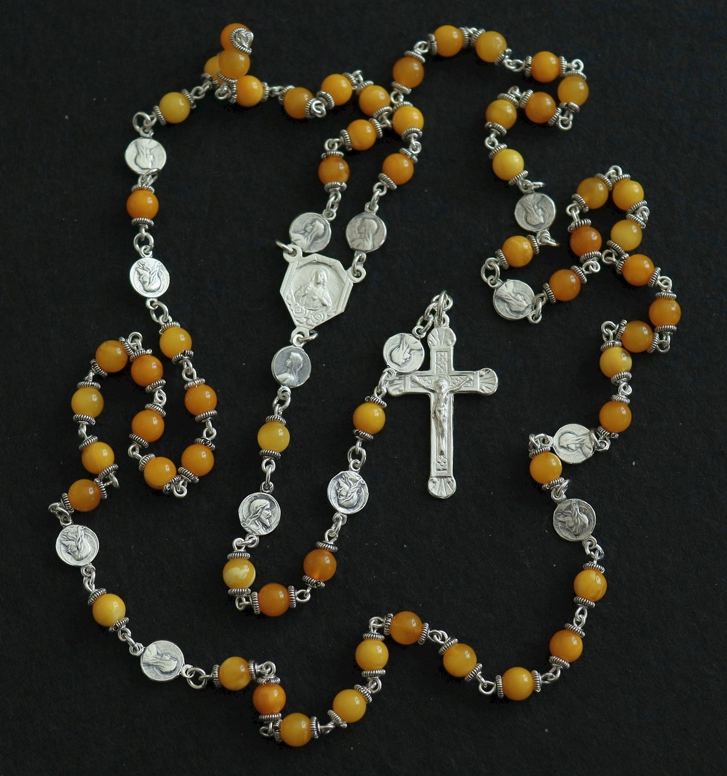 Butterscotch Amber and Sterling Fatima Rosary, 1960s Vintage Catholic Prayer Beads, Sacred Heart Necklace, Religious Heirloom, Antique Gift