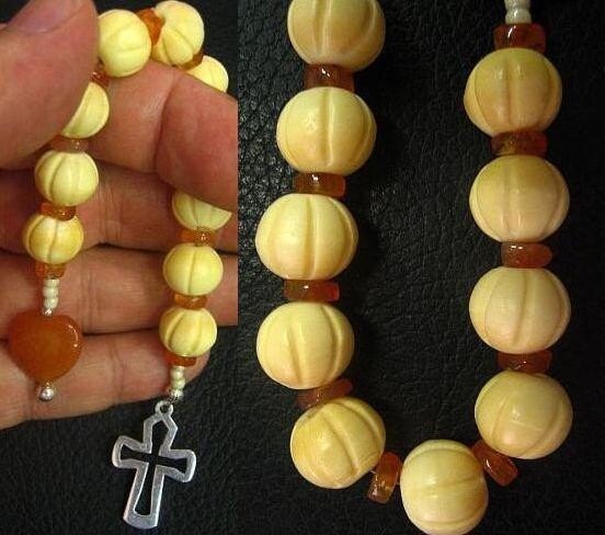 Catholic Open Chaplet Carved Bone Carnelian & Sterling Silver