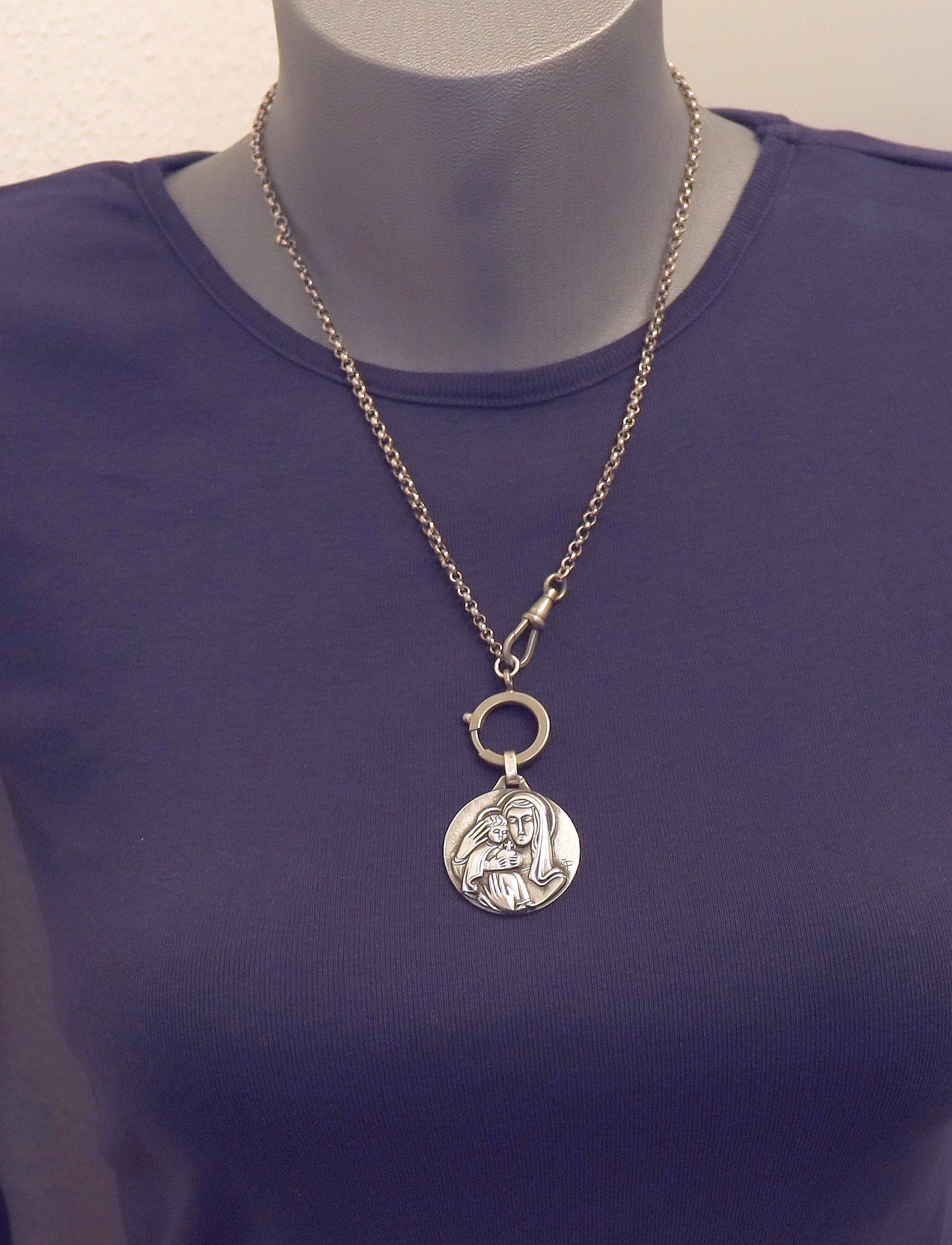 Large, Exceptional 3D High Relief Mary & Jesus Sterling Medal + Chain and Clasps XXR
