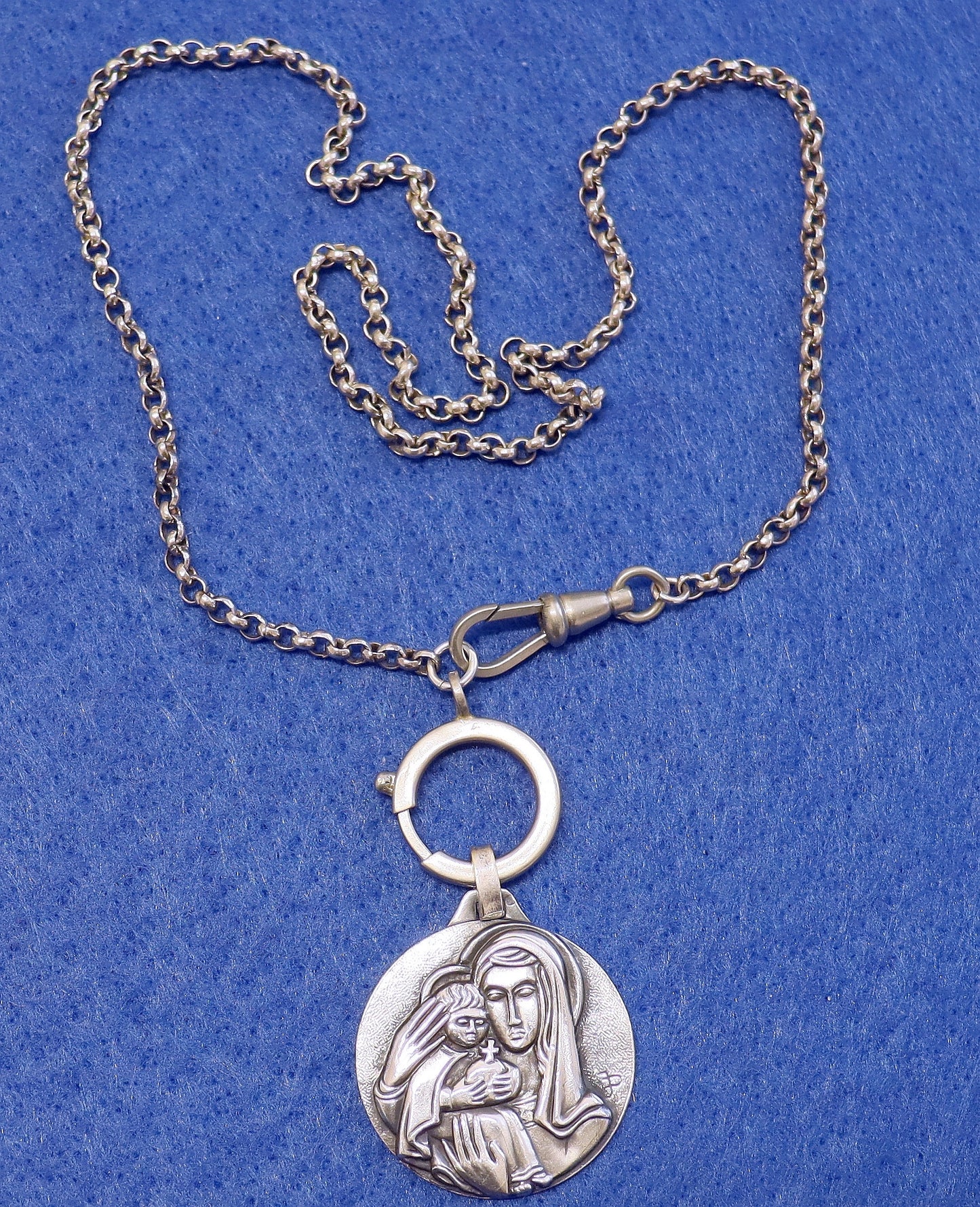 Large, Exceptional 3D High Relief Mary & Jesus Sterling Medal + Chain and Clasps XXR
