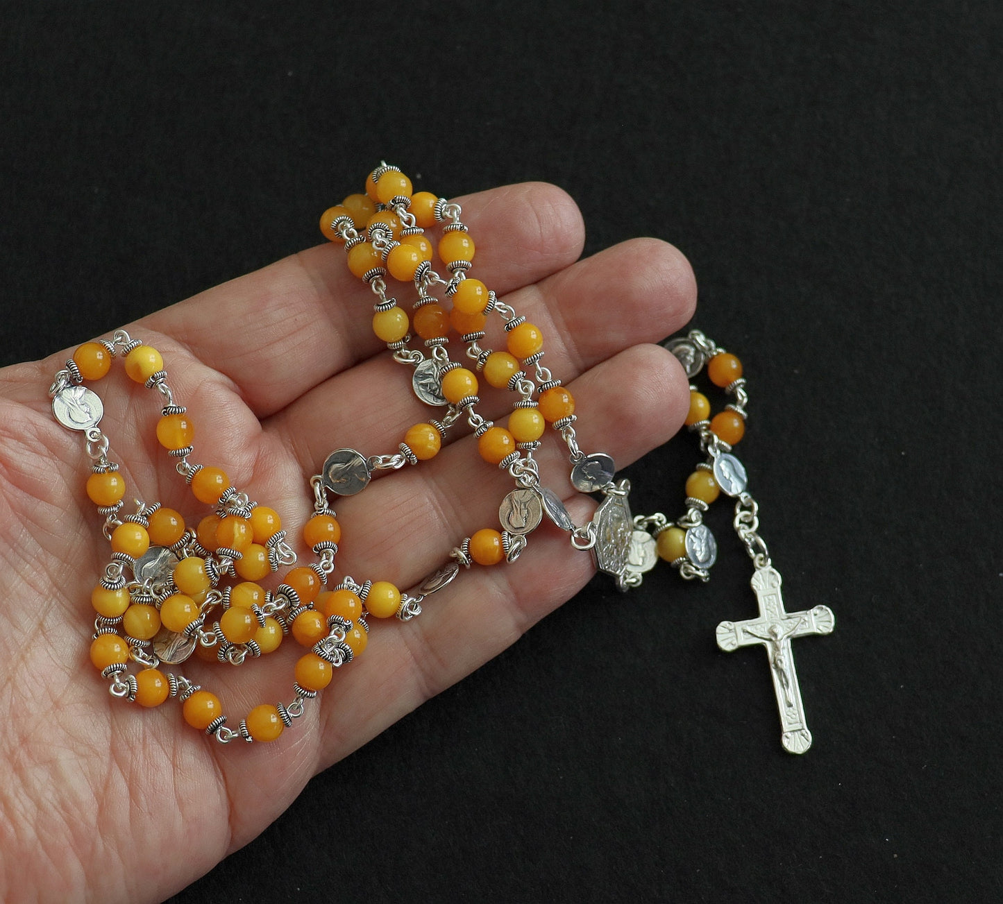Butterscotch Amber and Sterling Fatima Rosary, 1960s Vintage Catholic Prayer Beads, Sacred Heart Necklace, Religious Heirloom, Antique Gift