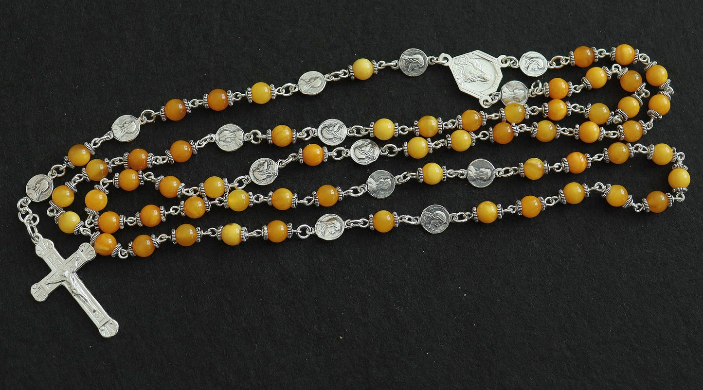 Butterscotch Amber and Sterling Fatima Rosary, 1960s Vintage Catholic Prayer Beads, Sacred Heart Necklace, Religious Heirloom, Antique Gift