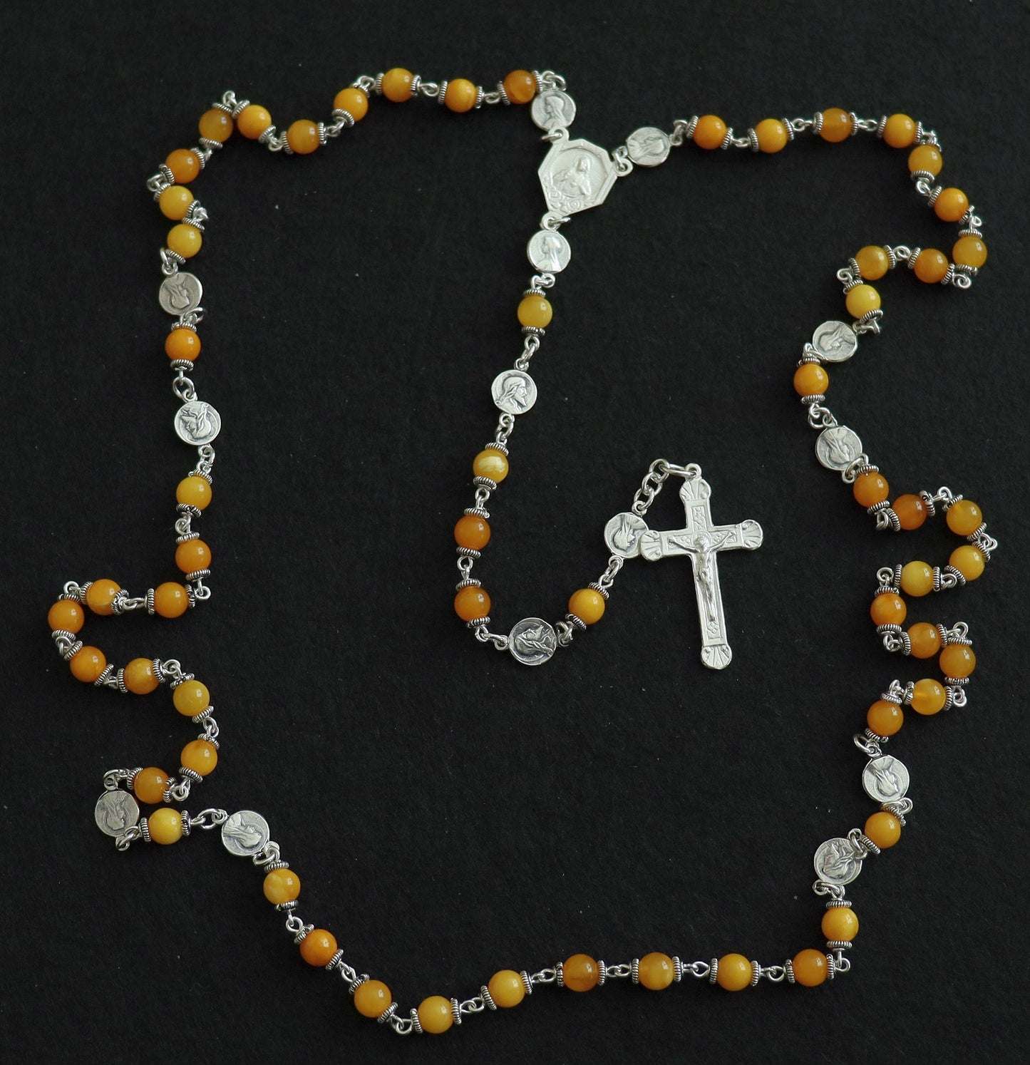 Butterscotch Amber and Sterling Fatima Rosary, 1960s Vintage Catholic Prayer Beads, Sacred Heart Necklace, Religious Heirloom, Antique Gift
