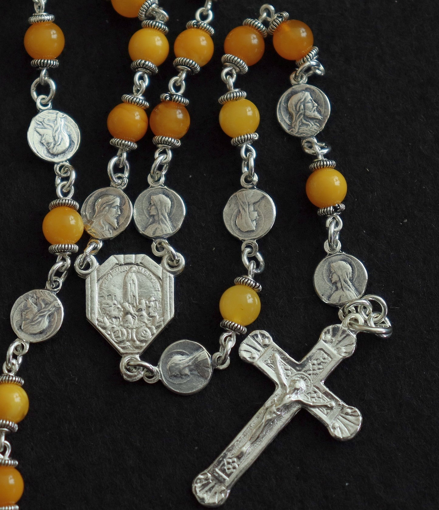 Butterscotch Amber and Sterling Fatima Rosary, 1960s Vintage Catholic Prayer Beads, Sacred Heart Necklace, Religious Heirloom, Antique Gift