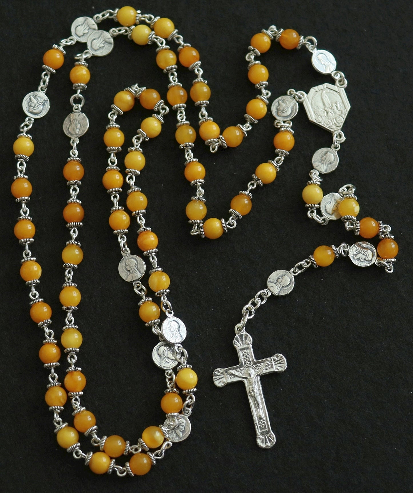 Butterscotch Amber and Sterling Fatima Rosary, 1960s Vintage Catholic Prayer Beads, Sacred Heart Necklace, Religious Heirloom, Antique Gift