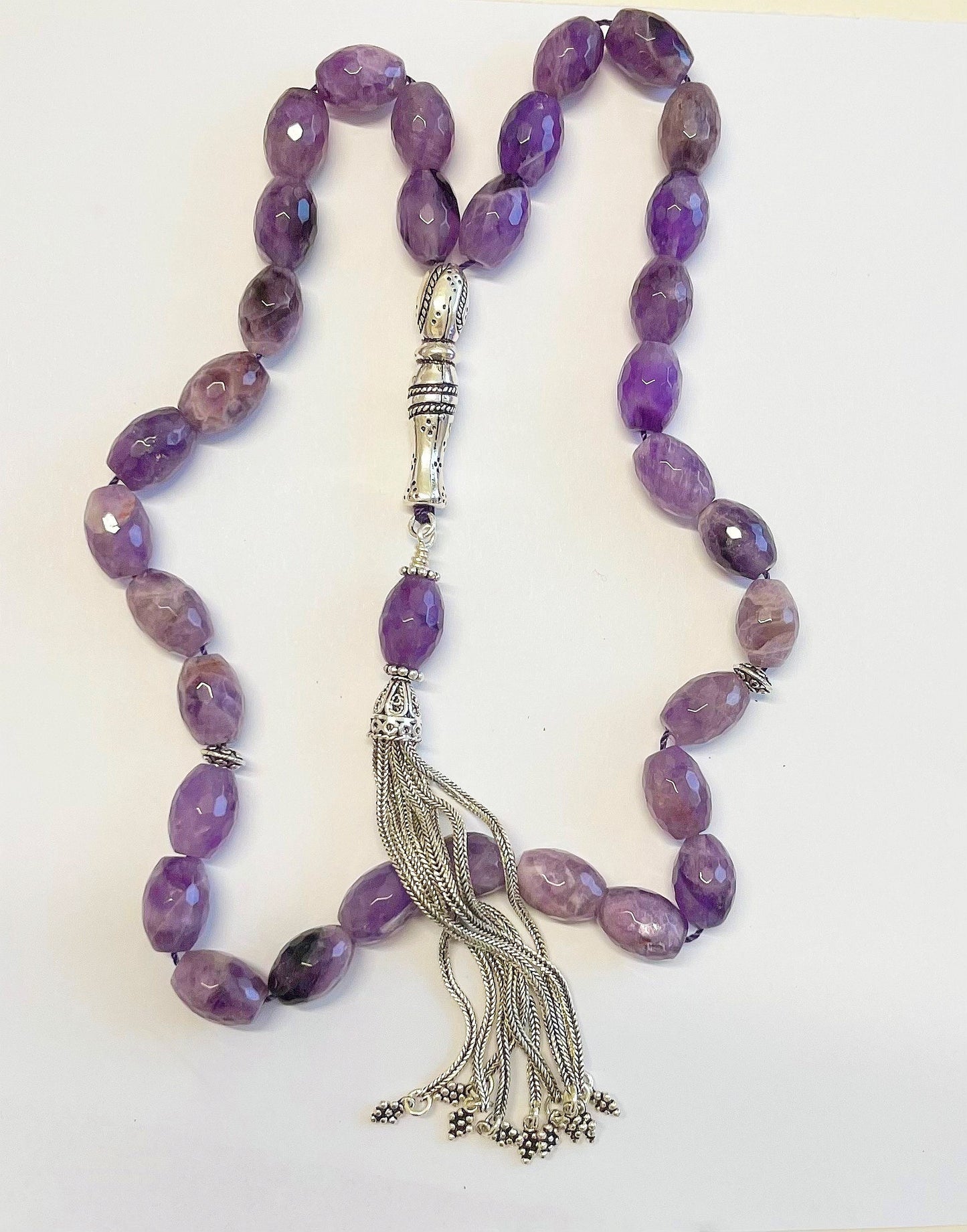 Luxury Prayer Beads RosaryTesbih AA Grade Faceted Oval Amethyst & Sterling - Rare Collector's
