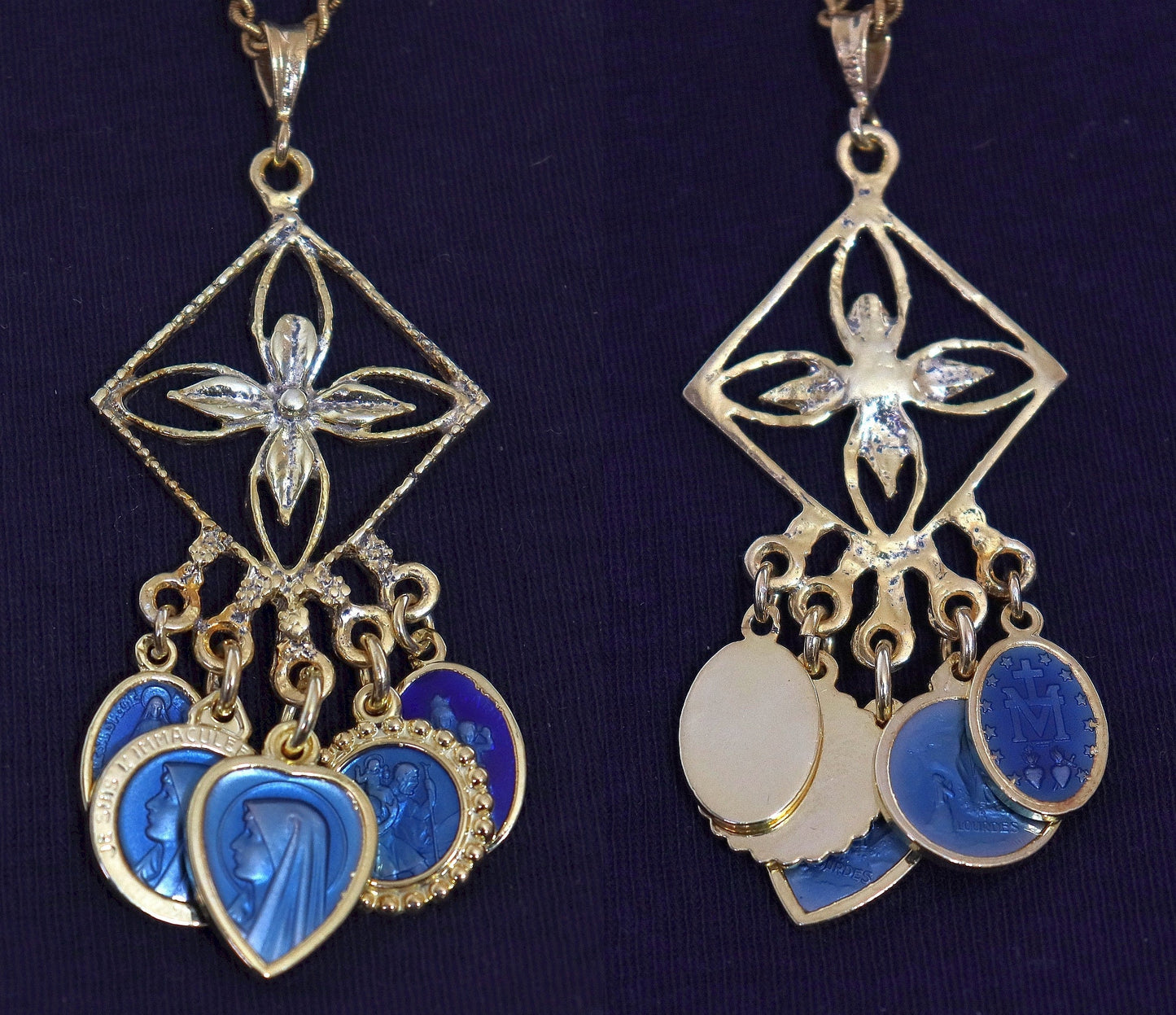 Unique Vermeil Chandelier Pendant, Vintage Blue Enameled Religious Medals, High-Quality Enamel, Gold-Plated Medals, 5 Mary Medals, Fix Chain