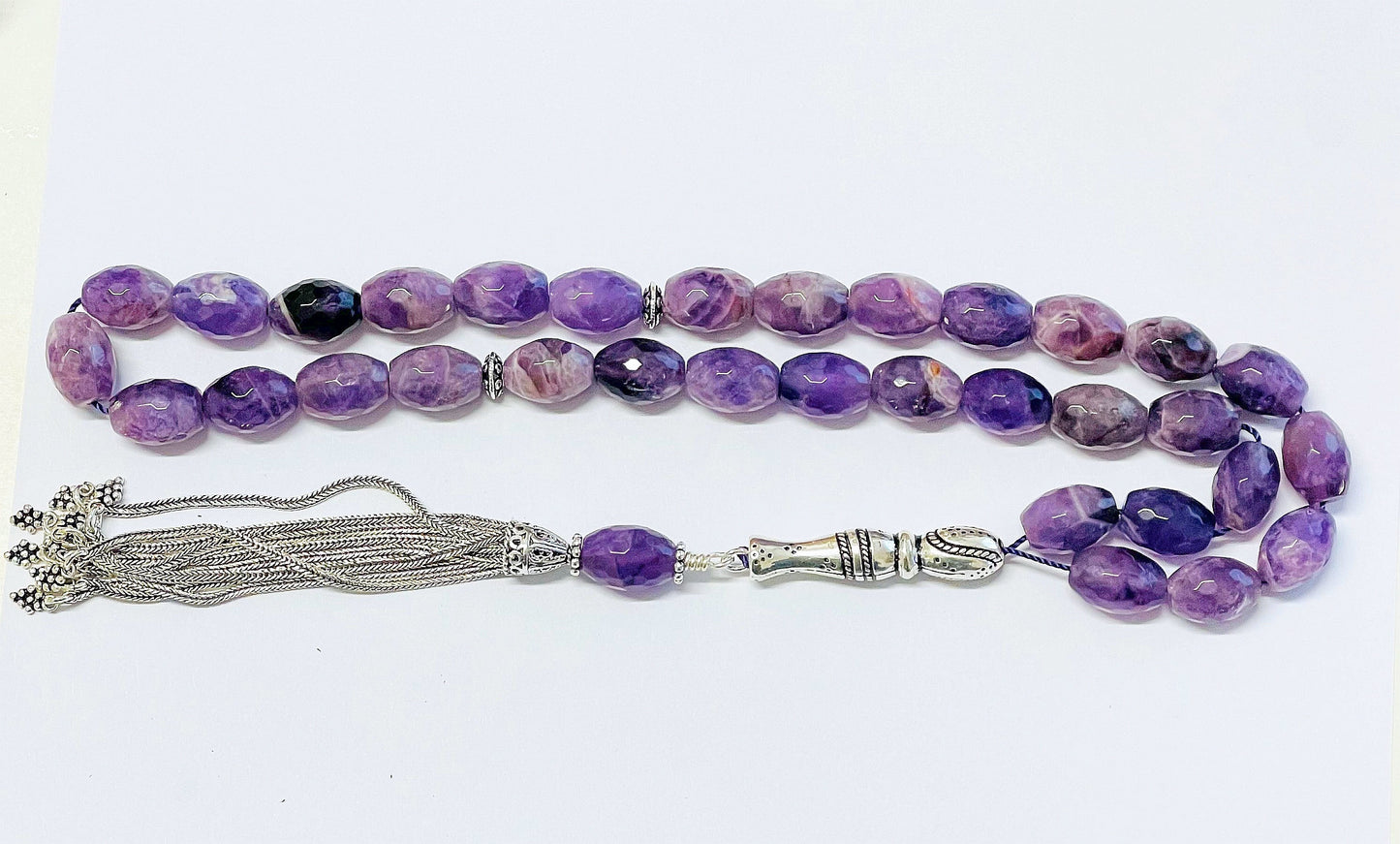 Luxury Prayer Beads RosaryTesbih AA Grade Faceted Oval Amethyst & Sterling - Rare Collector's