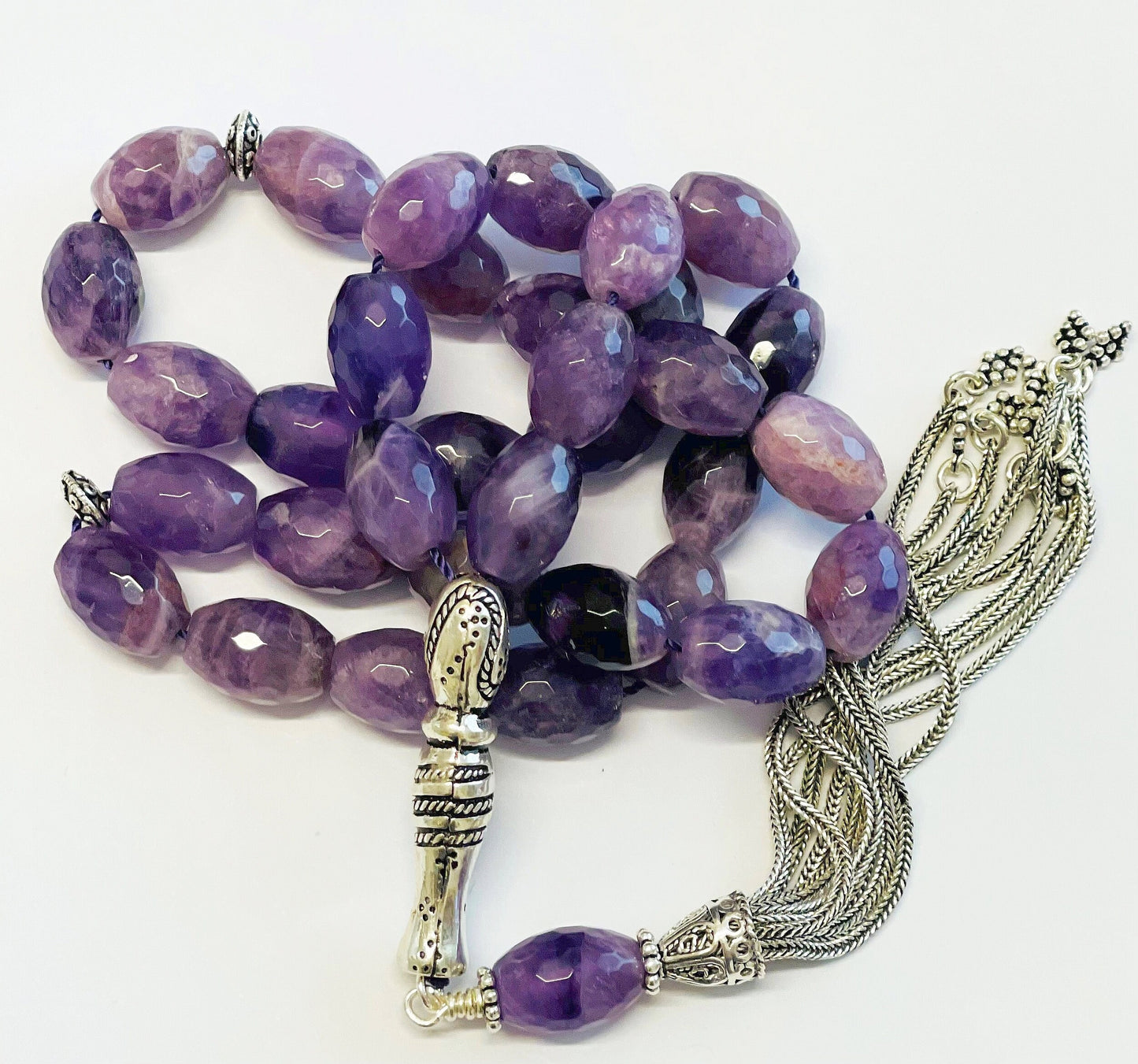 Luxury Prayer Beads RosaryTesbih AA Grade Faceted Oval Amethyst & Sterling - Rare Collector's