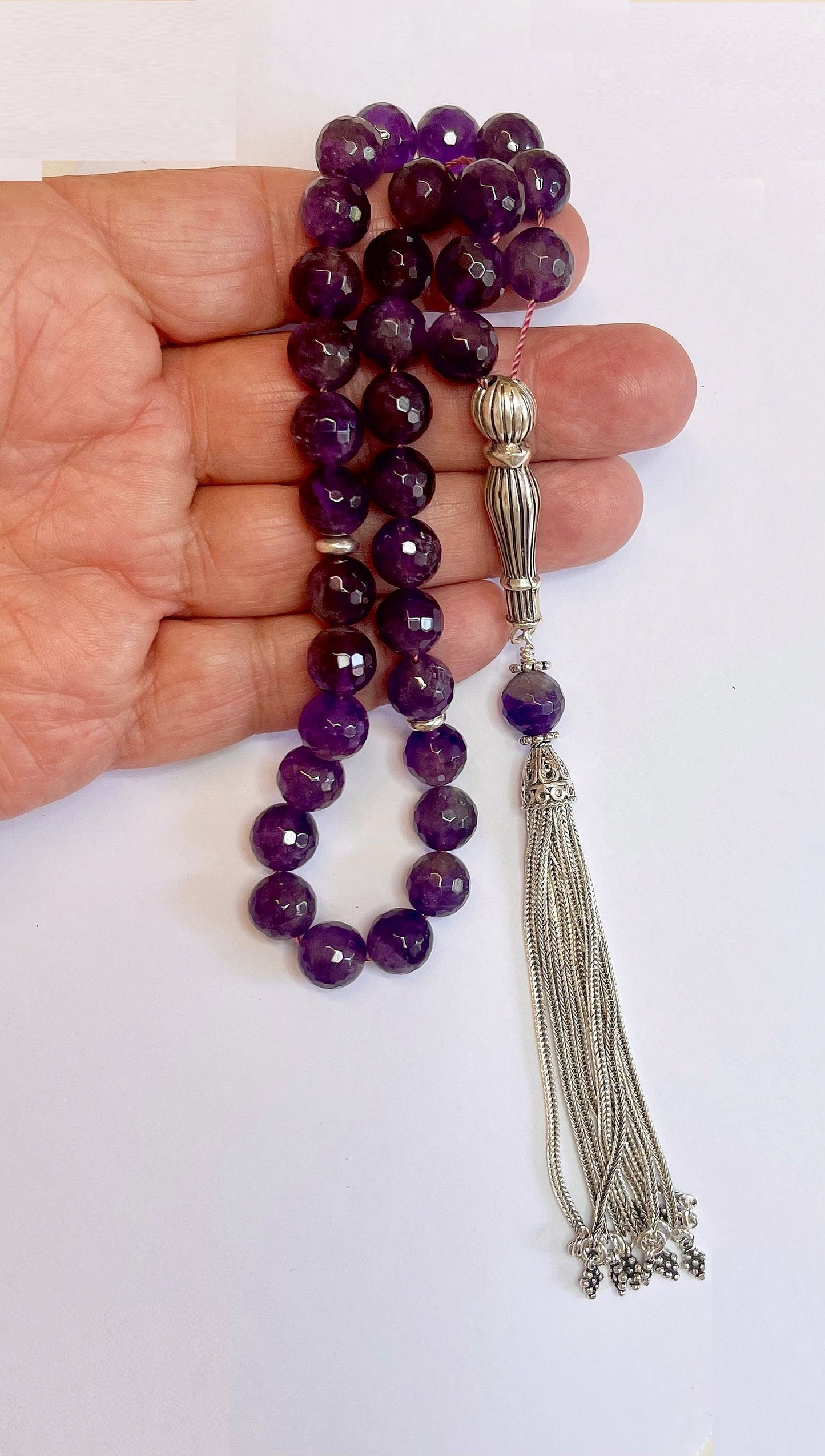 Amethyst Rosary Tasbih: Sterling Silver Tassel, Islamic Prayer Beads