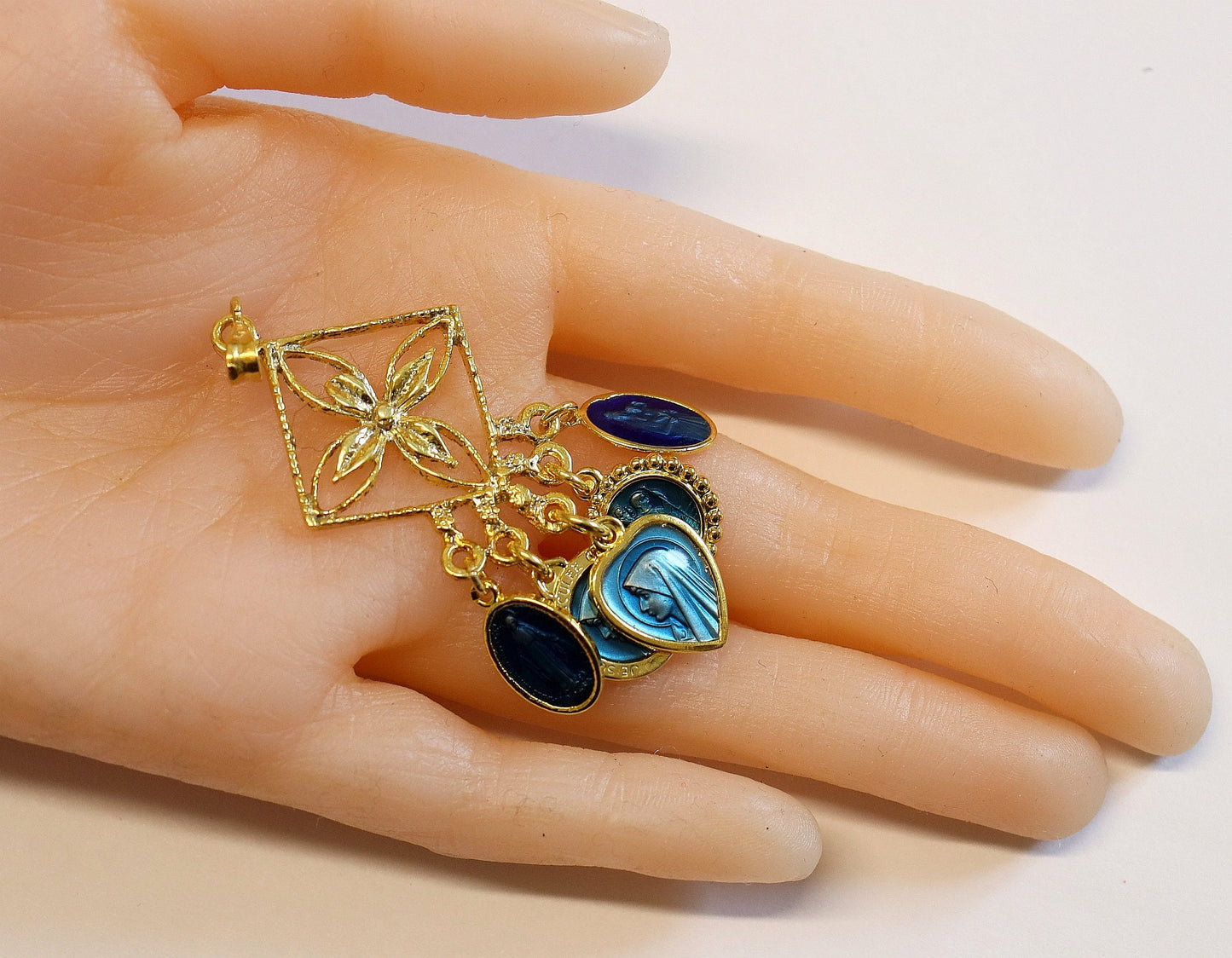 Unique Vermeil Chandelier Pendant, Vintage Blue Enameled Religious Medals, High-Quality Enamel, Gold-Plated Medals, 5 Mary Medals, Fix Chain