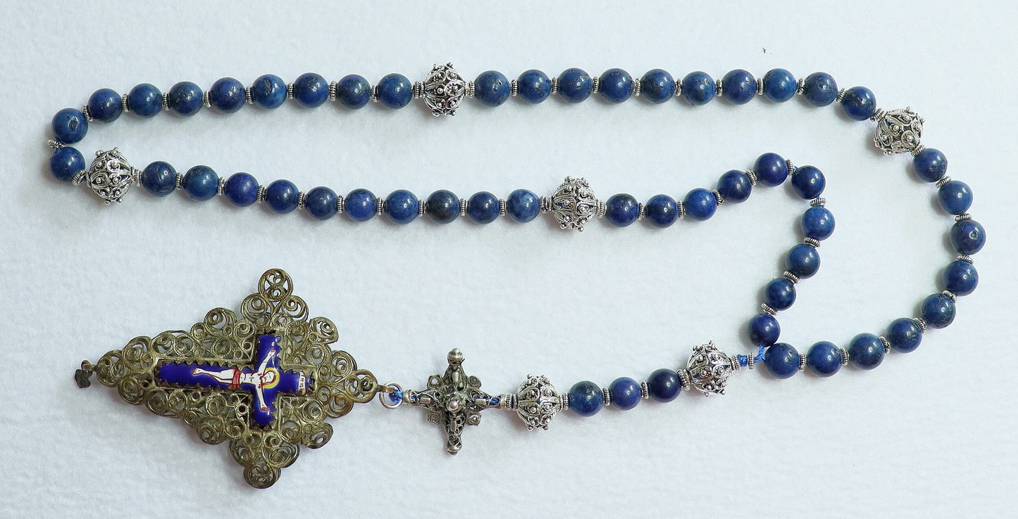 Filigree Catholic Rosary, Vintage Bavarian Biedermeier Lapis, German Style Rosary, Credo and Reliquary Porcelain Inlay Crosses, Prayer Gift