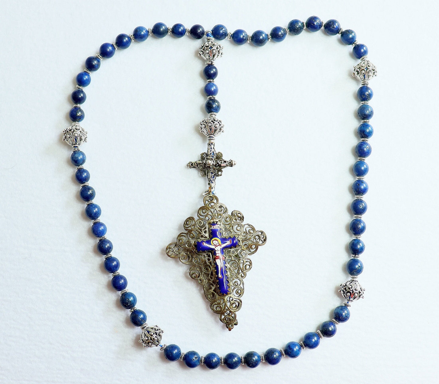 Filigree Catholic Rosary, Vintage Bavarian Biedermeier Lapis, German Style Rosary, Credo and Reliquary Porcelain Inlay Crosses, Prayer Gift