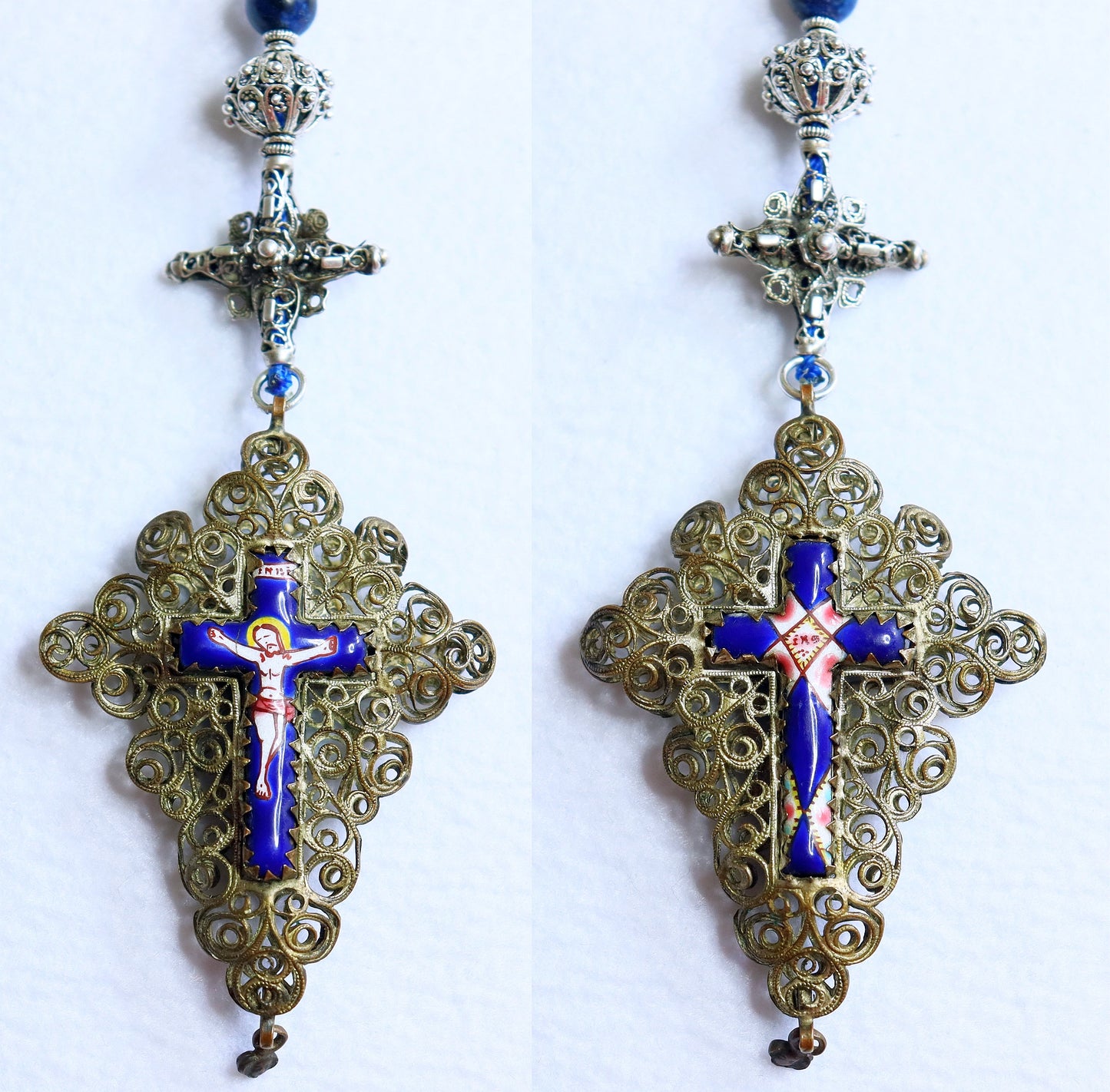 Filigree Catholic Rosary, Vintage Bavarian Biedermeier Lapis, German Style Rosary, Credo and Reliquary Porcelain Inlay Crosses, Prayer Gift