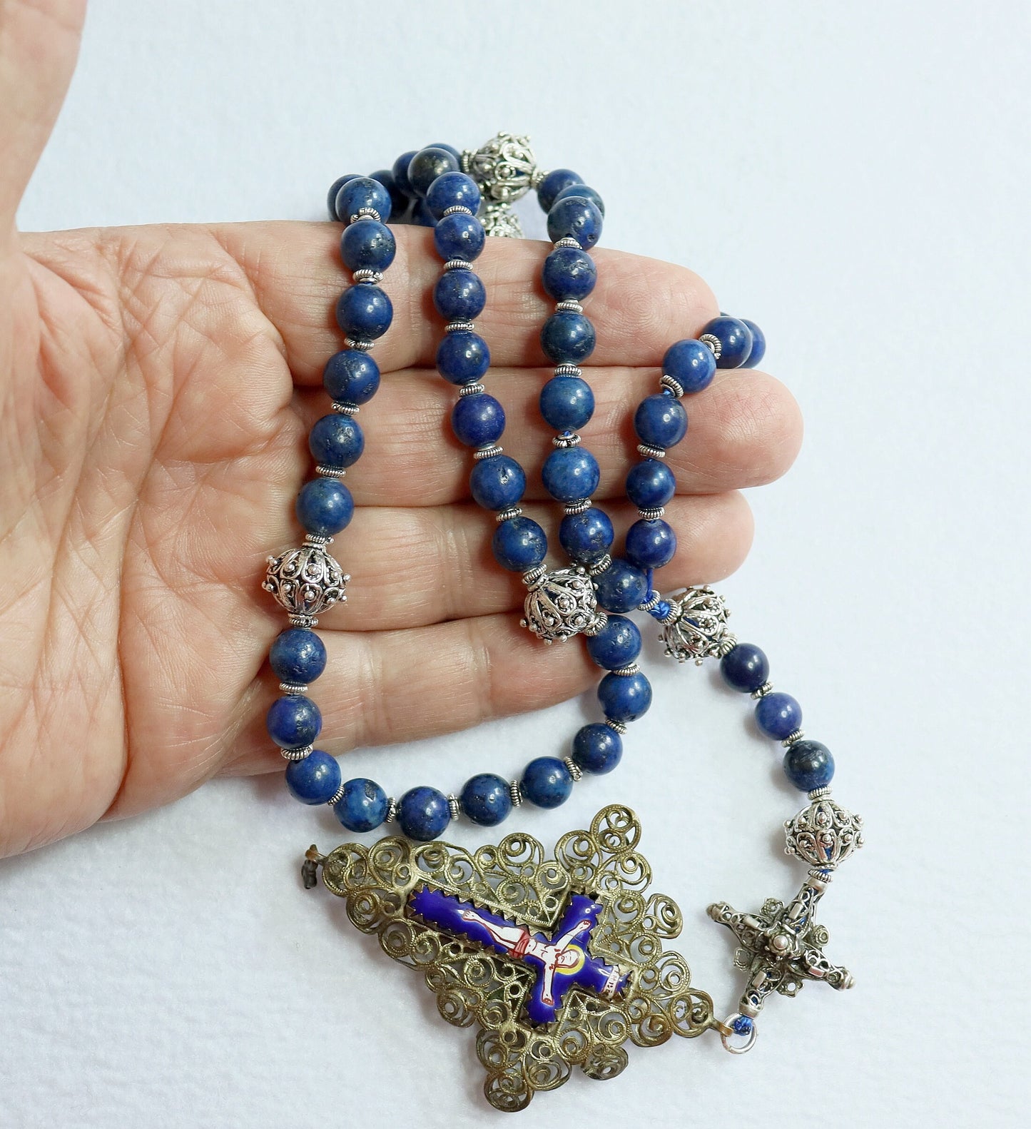 Filigree Catholic Rosary, Vintage Bavarian Biedermeier Lapis, German Style Rosary, Credo and Reliquary Porcelain Inlay Crosses, Prayer Gift