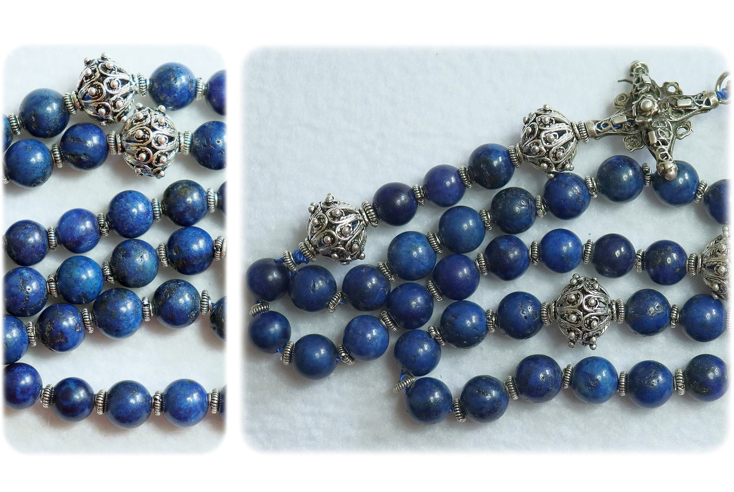 Filigree Catholic Rosary, Vintage Bavarian Biedermeier Lapis, German Style Rosary, Credo and Reliquary Porcelain Inlay Crosses, Prayer Gift