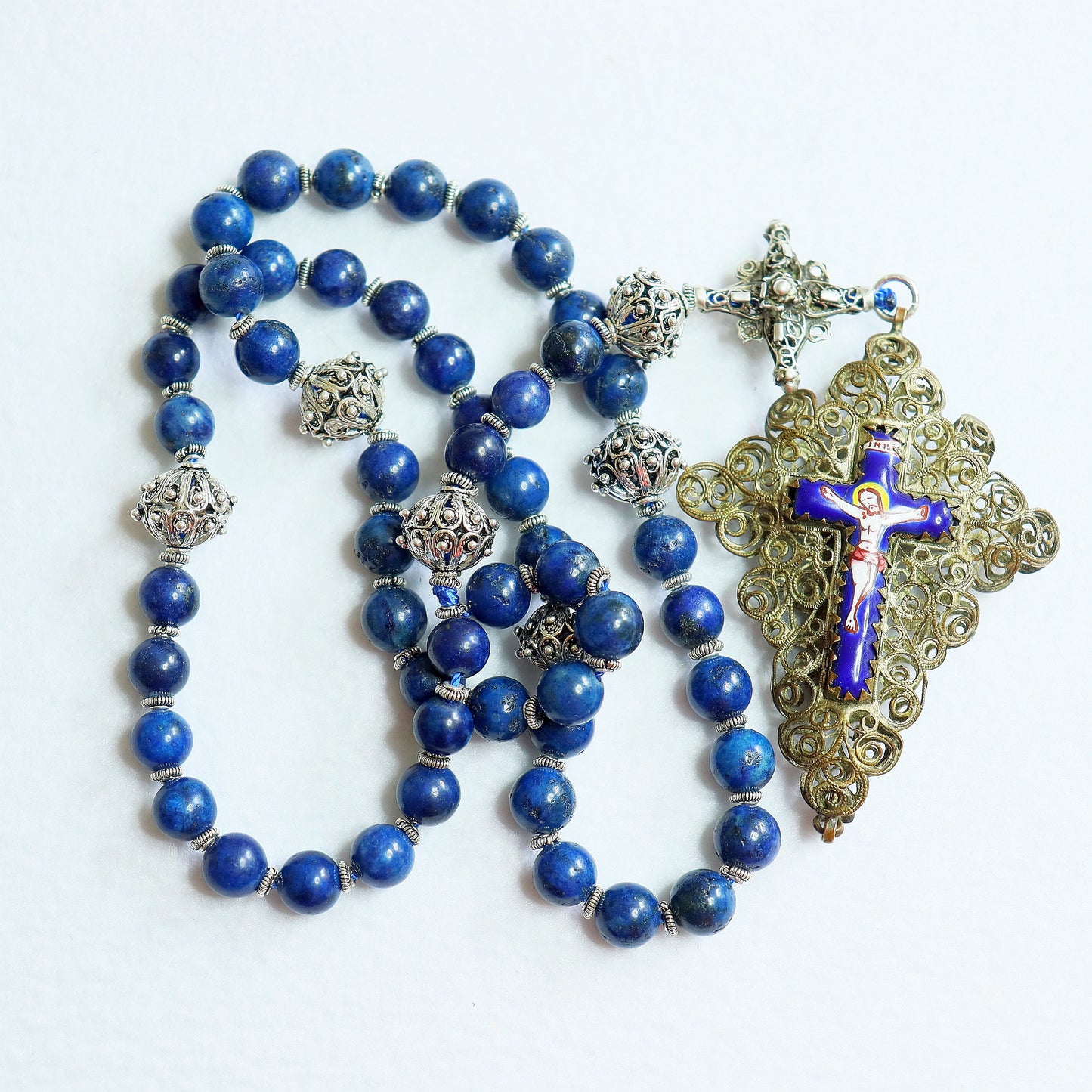Filigree Catholic Rosary, Vintage Bavarian Biedermeier Lapis, German Style Rosary, Credo and Reliquary Porcelain Inlay Crosses, Prayer Gift