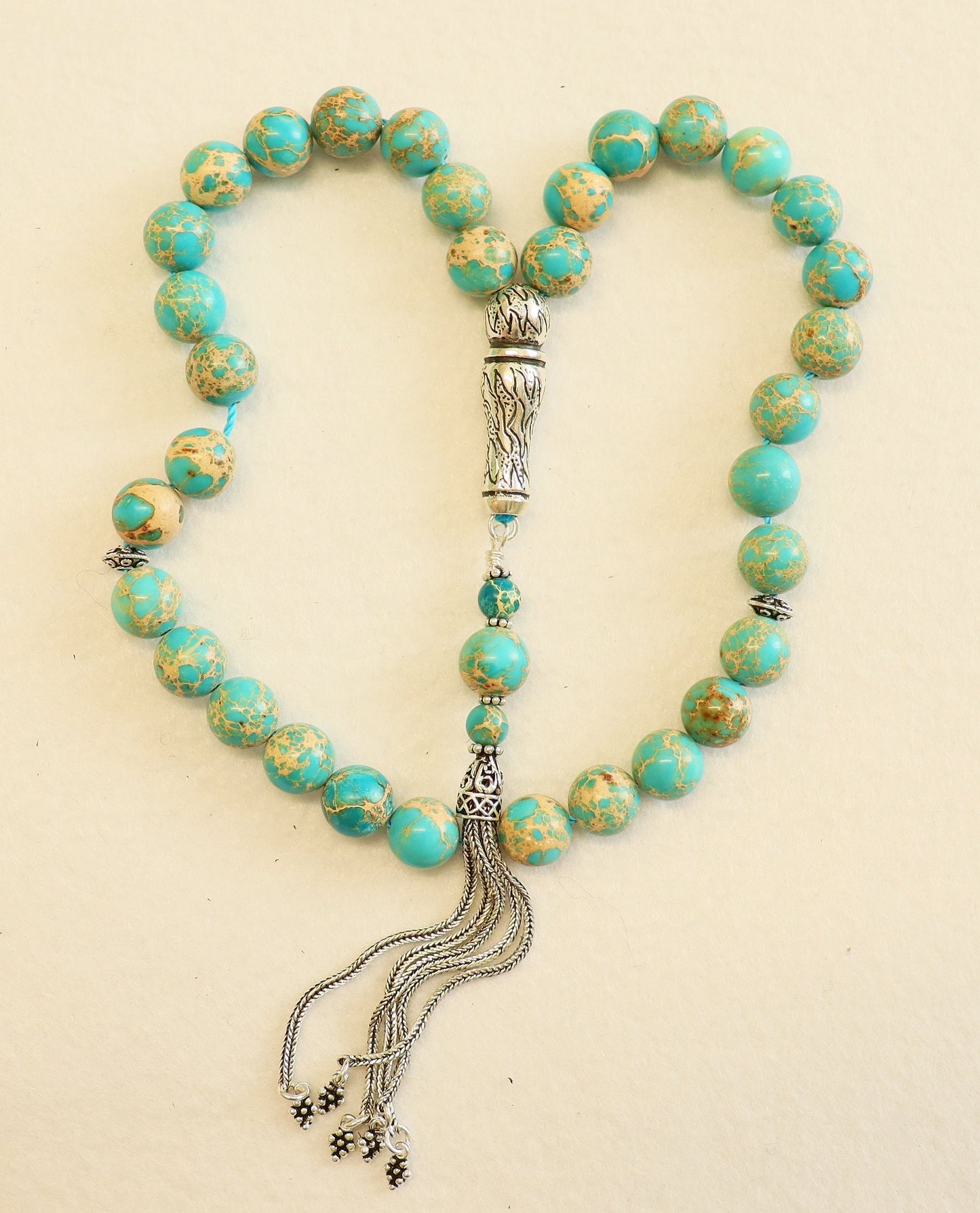 Prayer Beads Tesbih AA Grade Variscite & Sterling Silver -Top quality - Luxury Collector's item