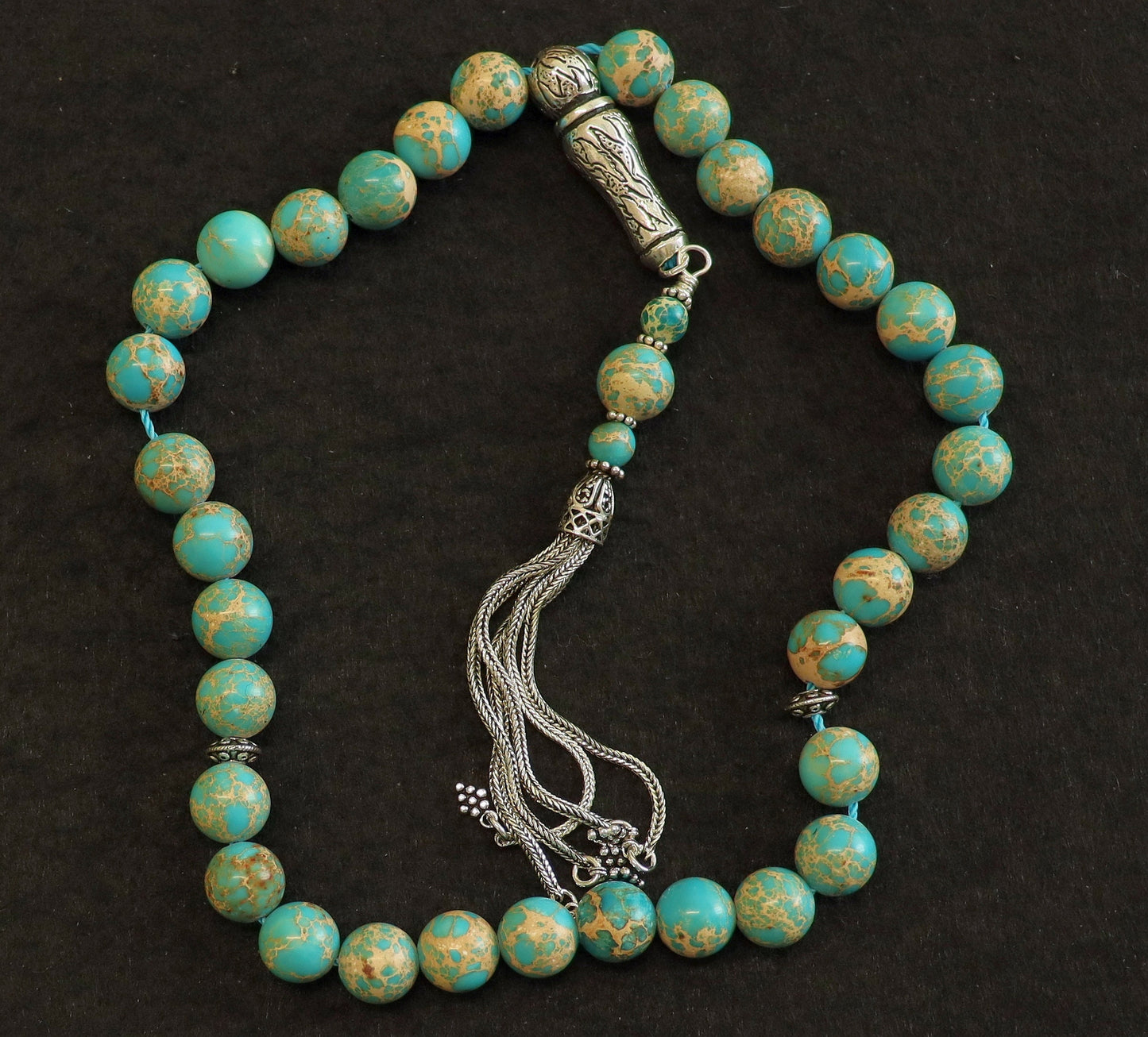 Prayer Beads Tesbih AA Grade Variscite & Sterling Silver -Top quality - Luxury Collector's item
