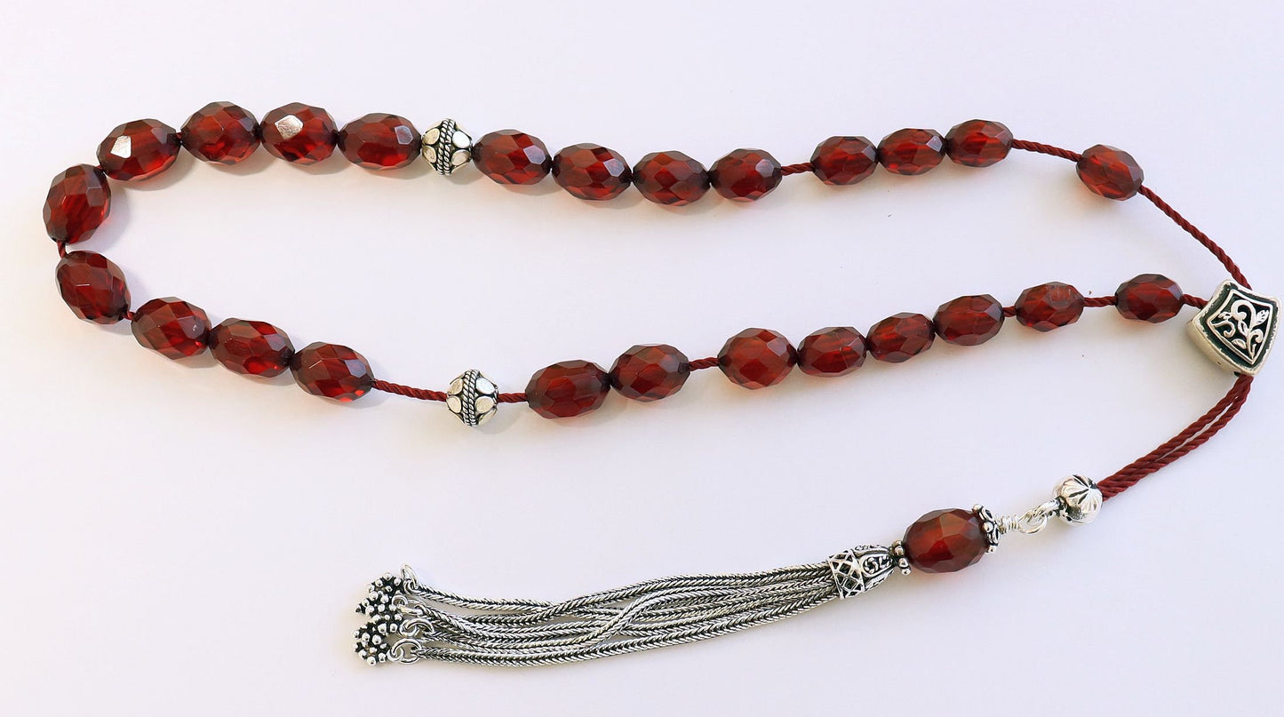 Rare Diamond Greek Komboloi, Worry Bead Strand, 1930's Cherry Bakelite, Genuine Misbaha Stress Relief, Sterling Silver Tesbih, TESTED XXR
