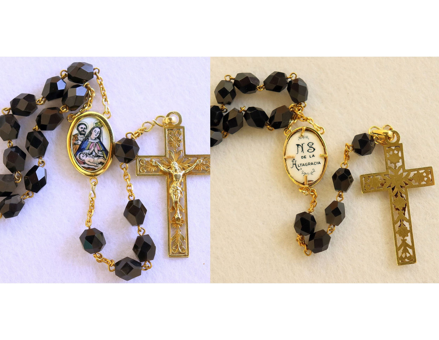 1920's Jet Stone & All 18K Solid Gold Catholic Rosary Our Lady of Altagracia - Extreme Rarity