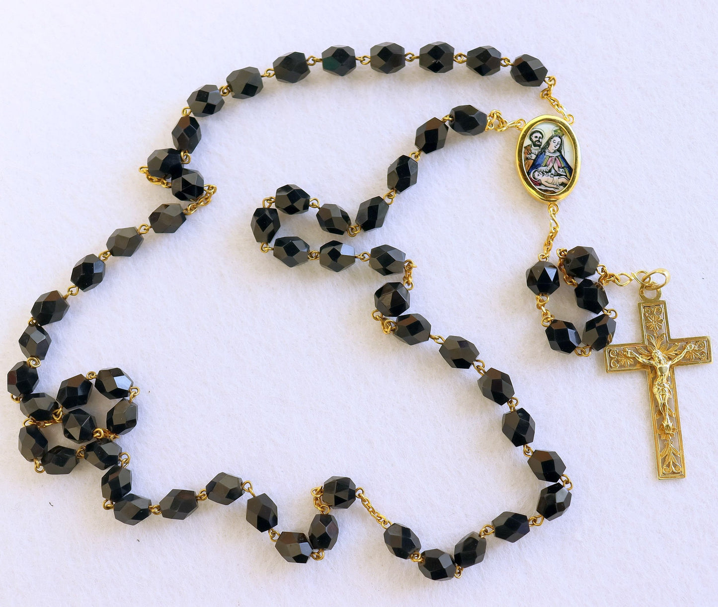 1920's Jet Stone & All 18K Solid Gold Catholic Rosary Our Lady of Altagracia - Extreme Rarity