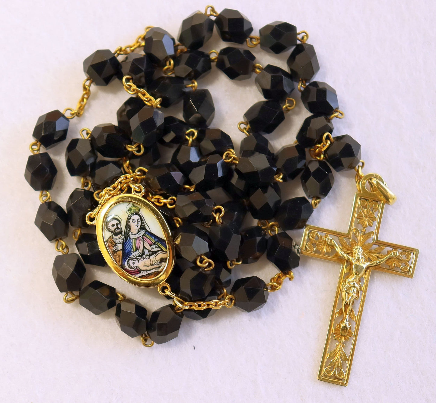 1920's Jet Stone & All 18K Solid Gold Catholic Rosary Our Lady of Altagracia - Extreme Rarity