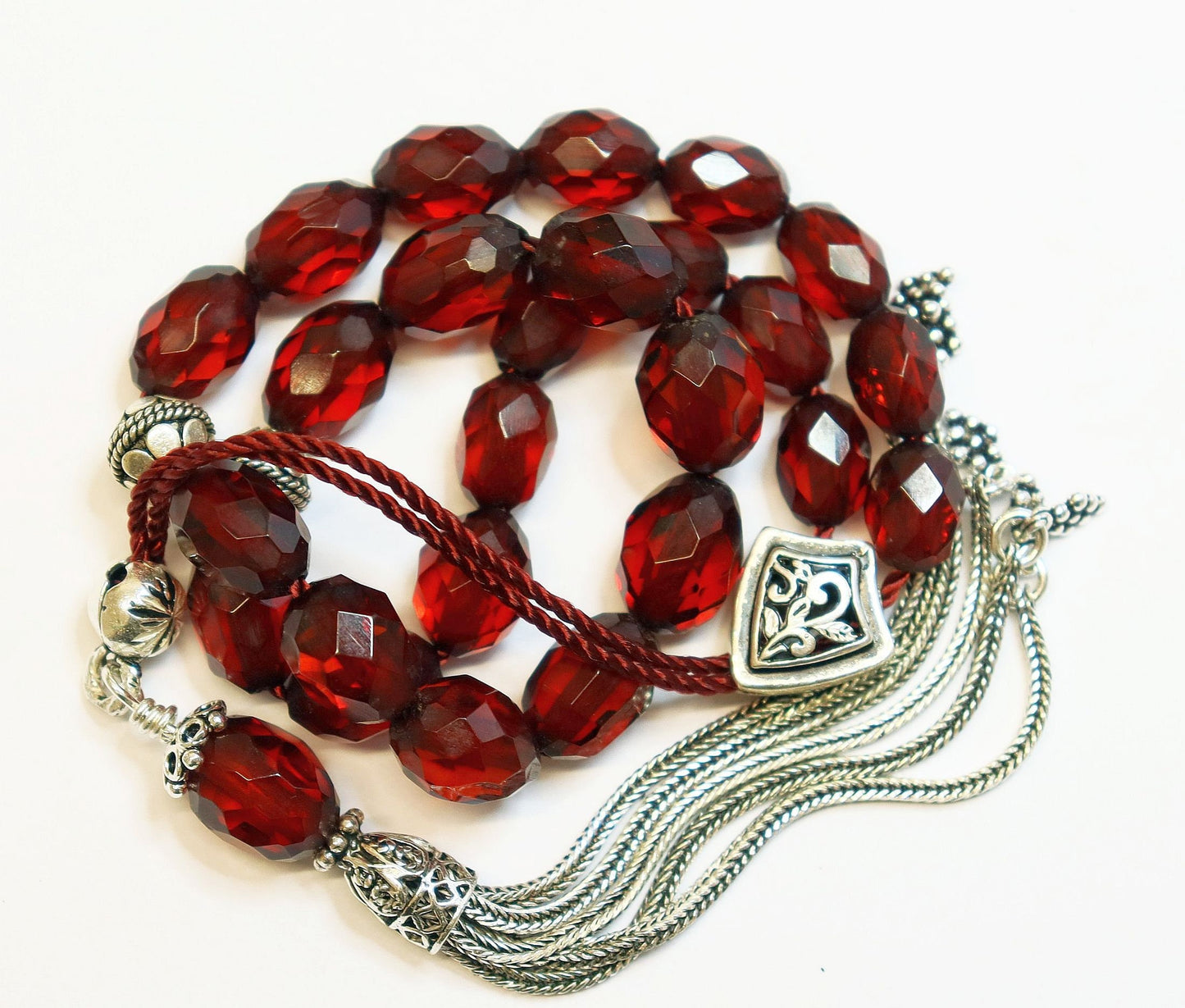 Rare Diamond Greek Komboloi, Worry Bead Strand, 1930's Cherry Bakelite, Genuine Misbaha Stress Relief, Sterling Silver Tesbih, TESTED XXR