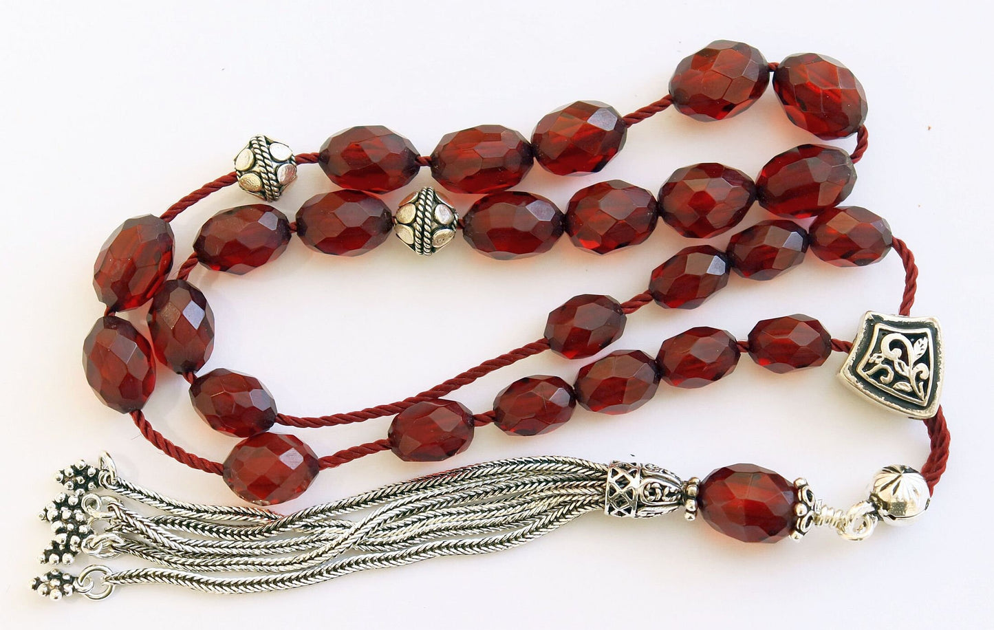 Rare Diamond Greek Komboloi, Worry Bead Strand, 1930's Cherry Bakelite, Genuine Misbaha Stress Relief, Sterling Silver Tesbih, TESTED XXR